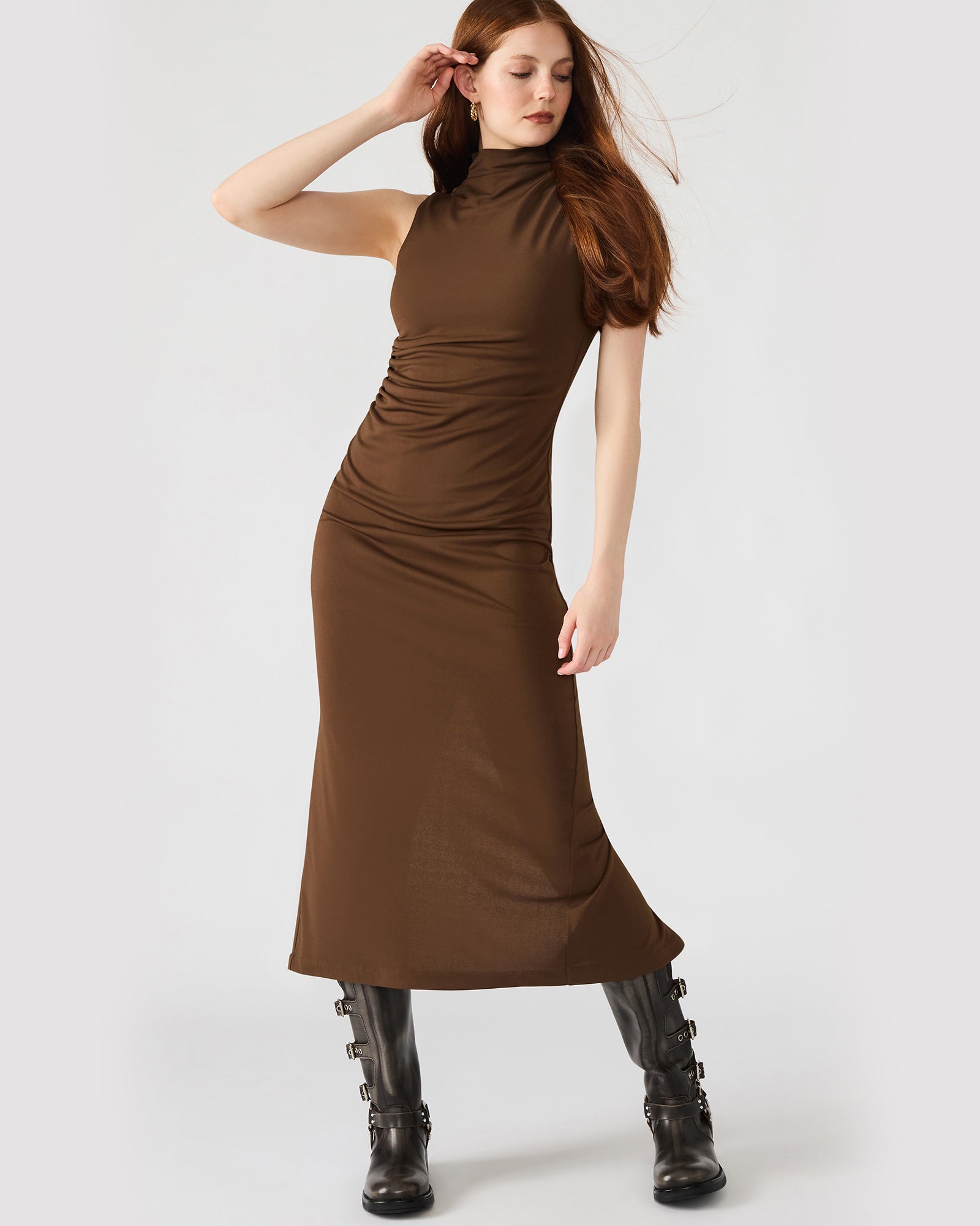 Elegant brown mock neck midi dress displayed on a mannequin.