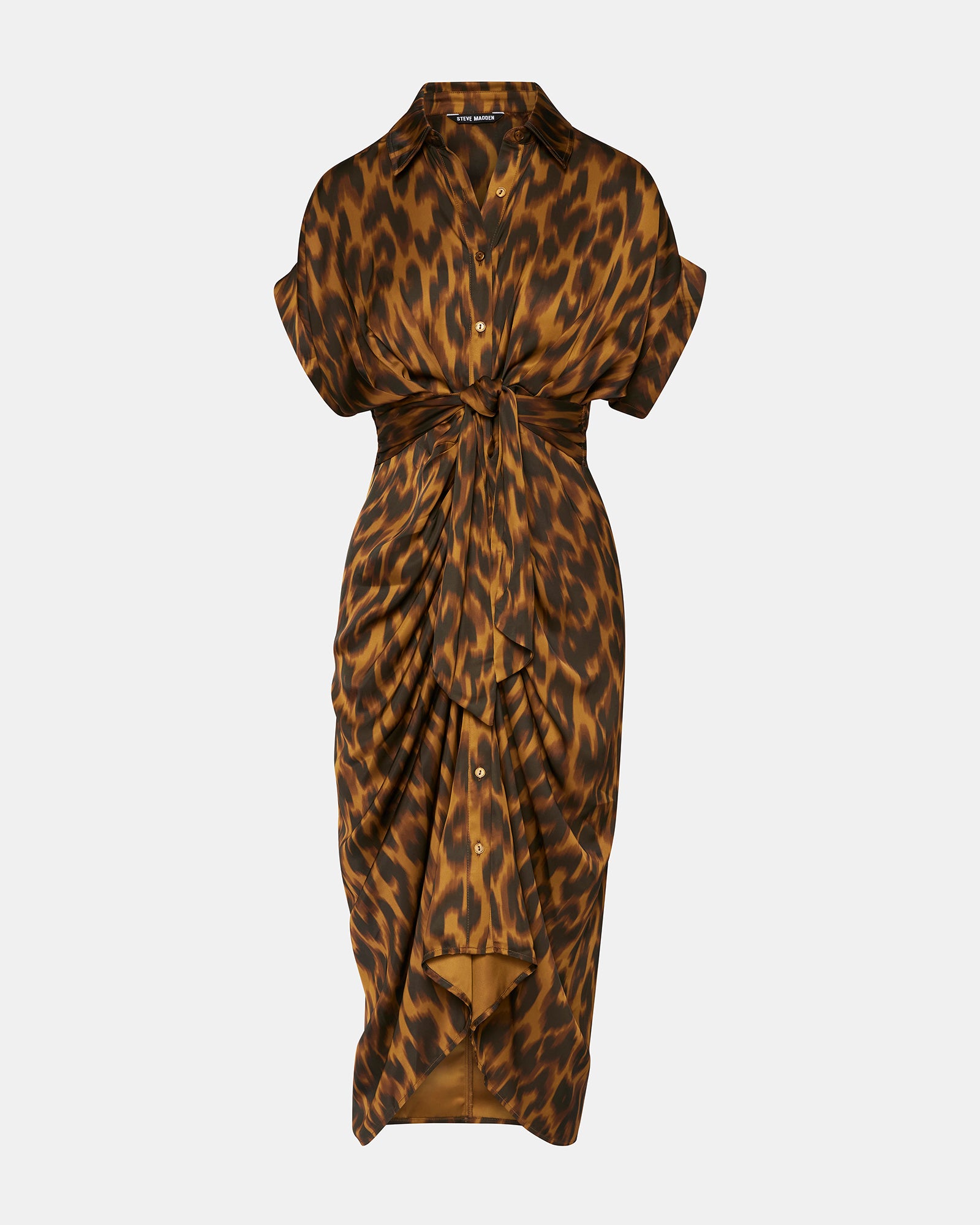 TORI leopard print dress front view with rolled collar