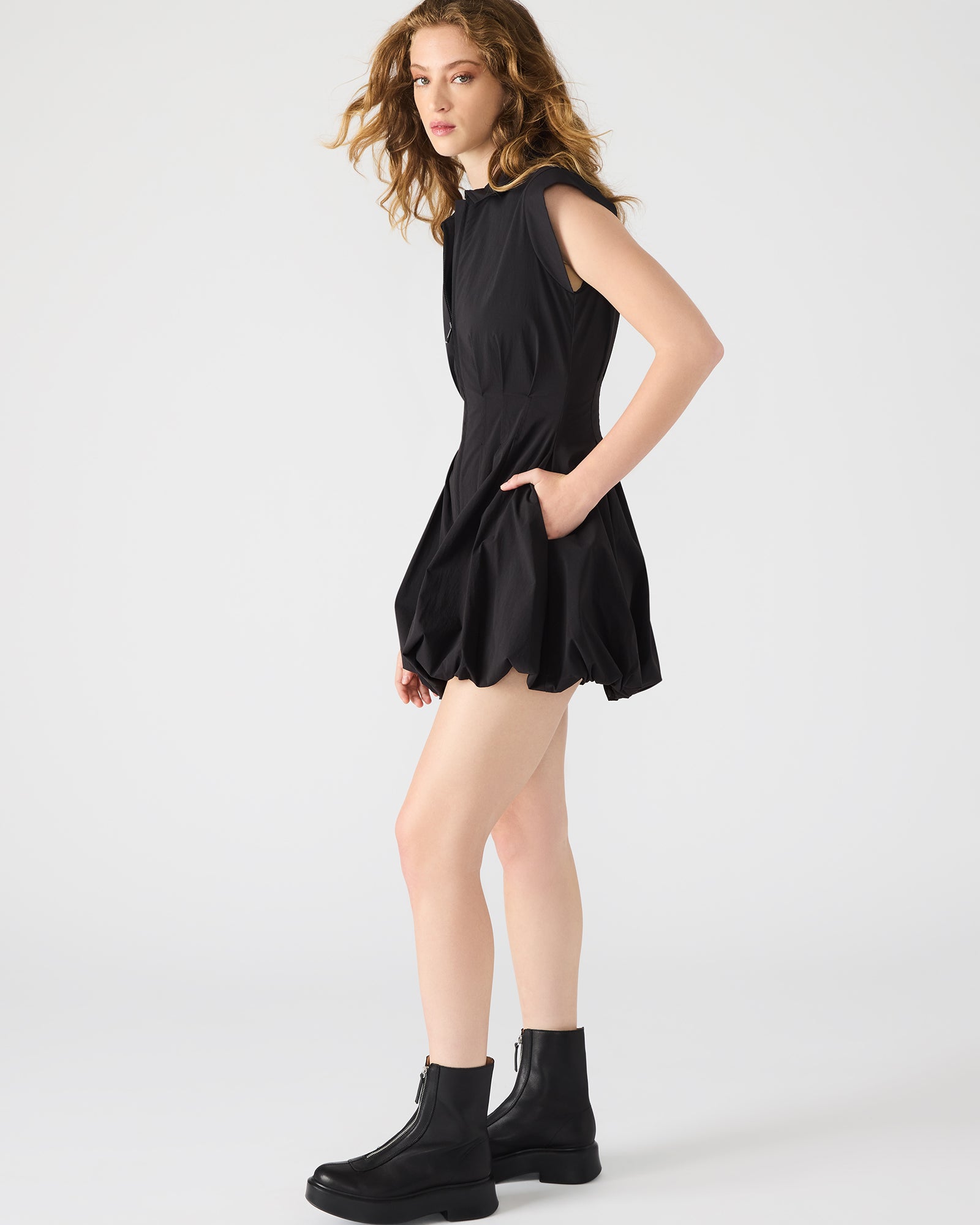 Side angle of the Dyanne dress highlighting the collared neckline.