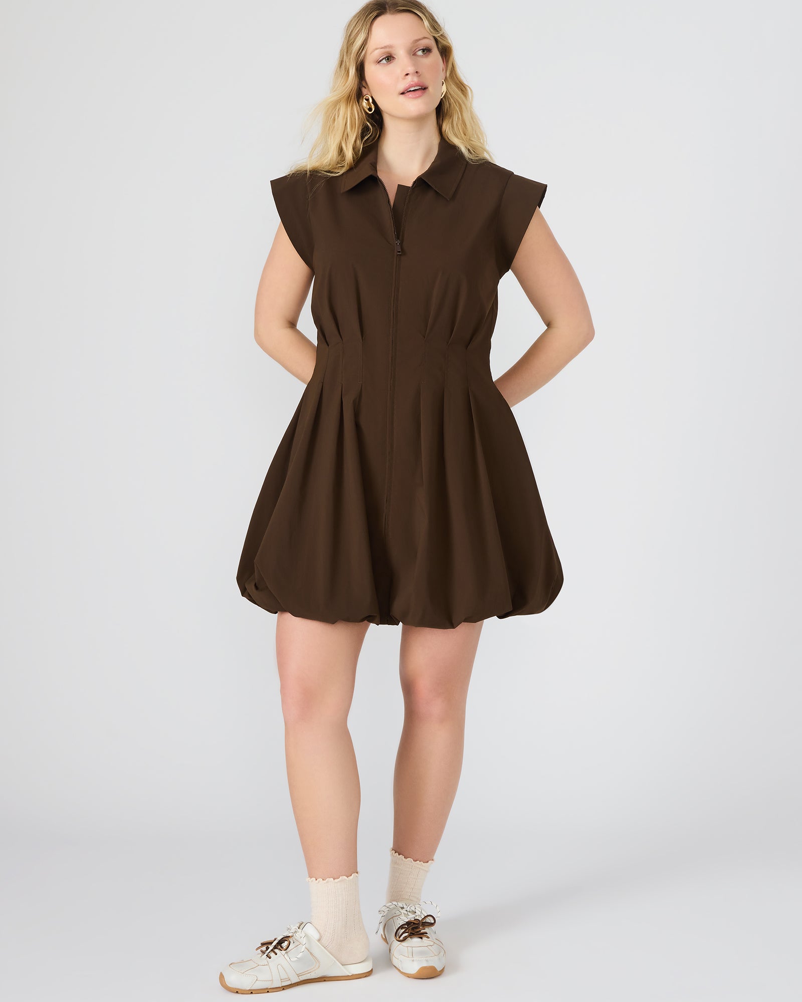 Close-up of the zip front detail on the Dyanne mini dress