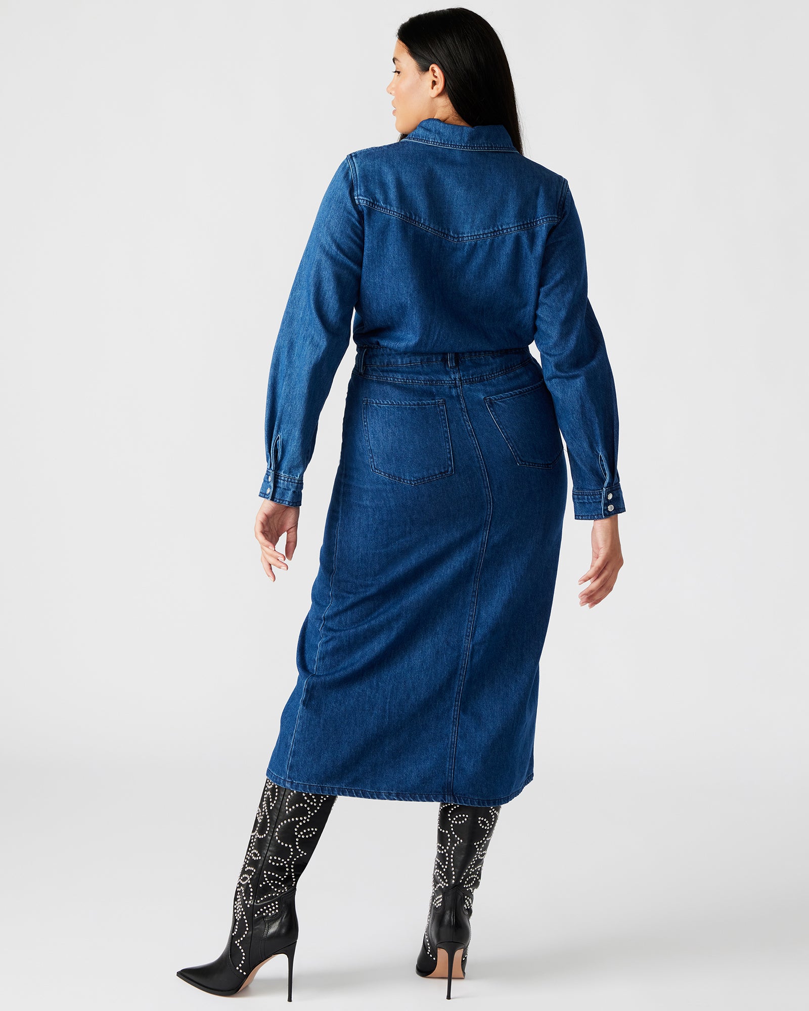 Dakoda denim dress worn with ankle boots for a casual urban look