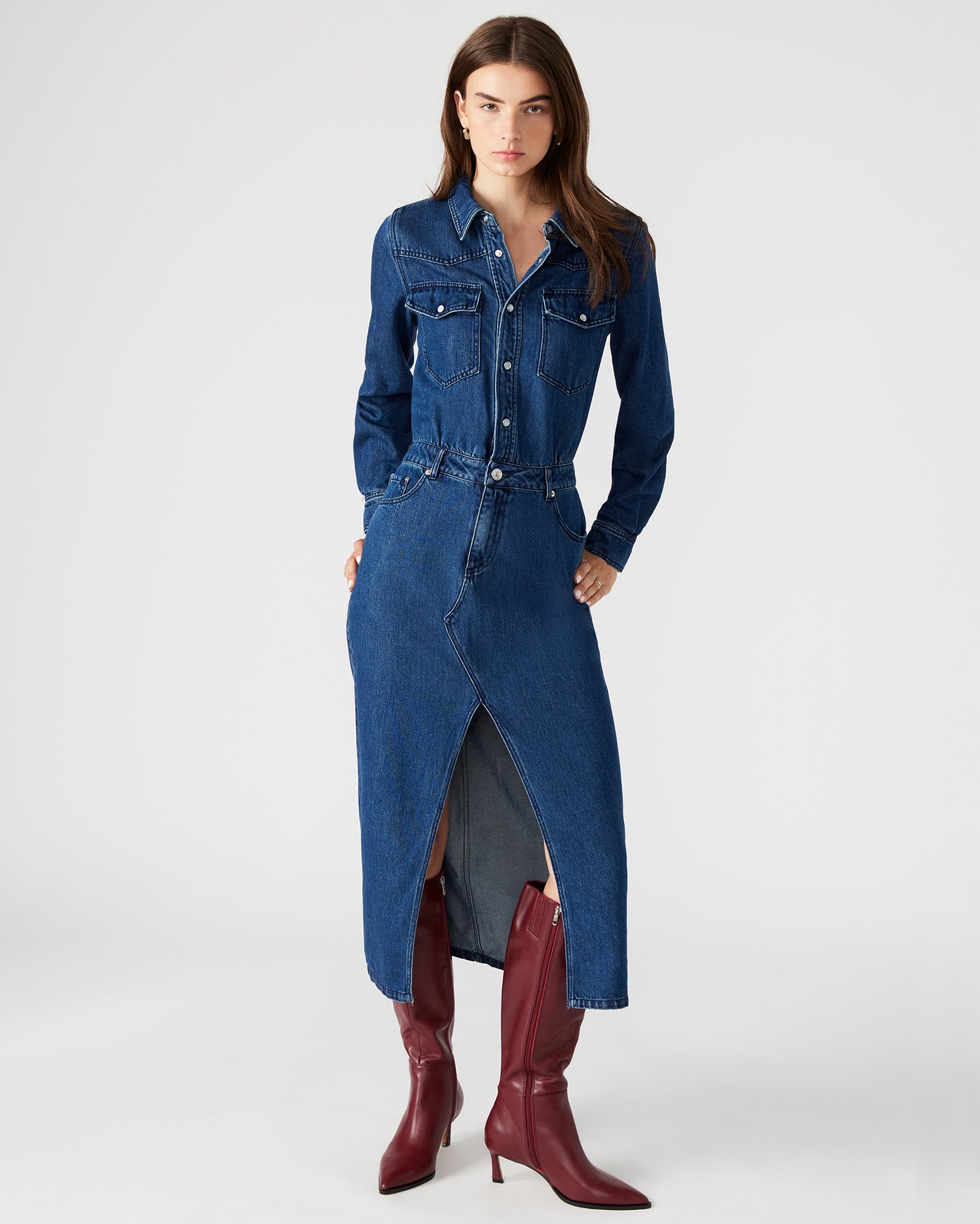 Dakoda denim dress worn with ankle boots for a casual urban look