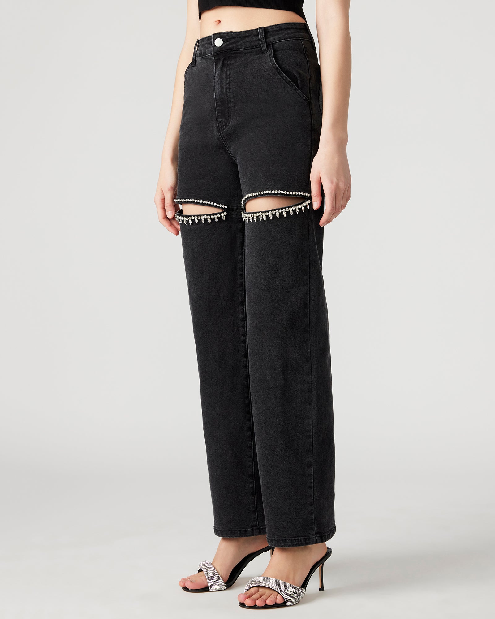Full view of the Taylor black jeans with a focus on the wide-leg silhouette