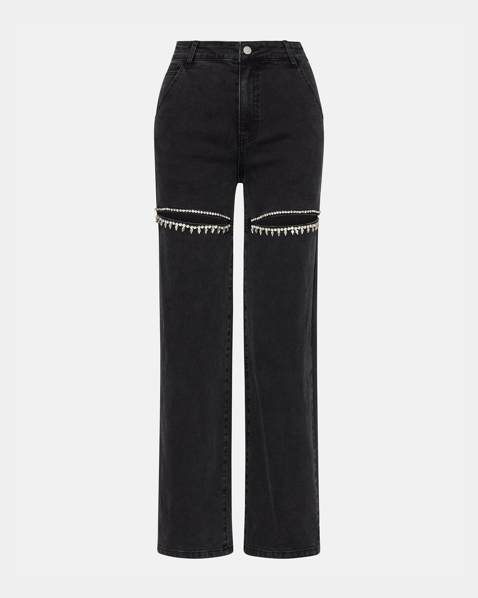 Full view of the Taylor black jeans with a focus on the wide-leg silhouette