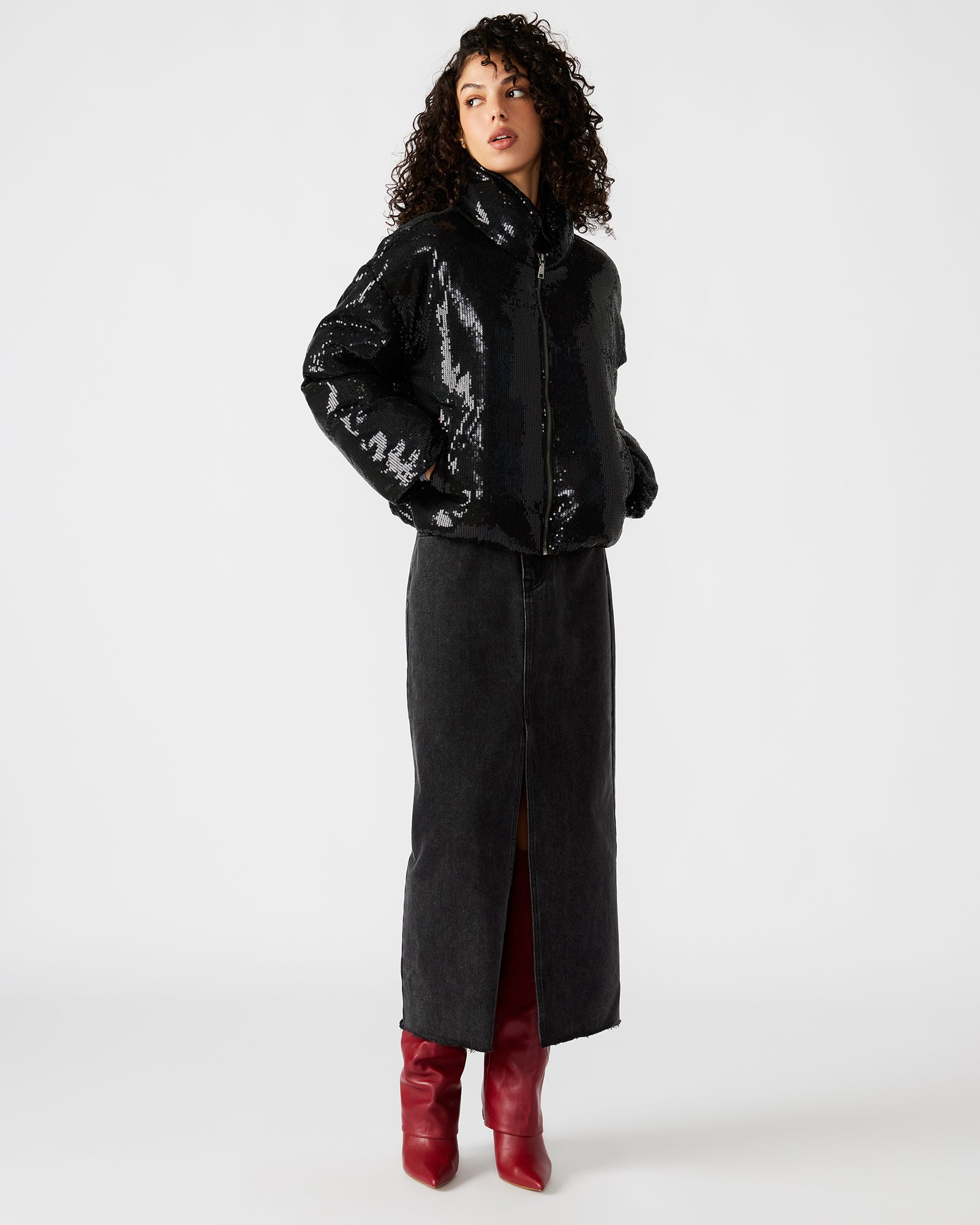 Front view of Stratto womens sequin puffer jacket in black, showcasing its stylish design.