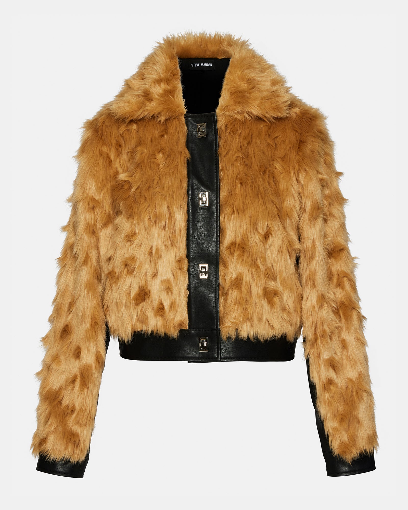 Side view of the NIMBA faux fur jacket, highlighting the long sleeves.