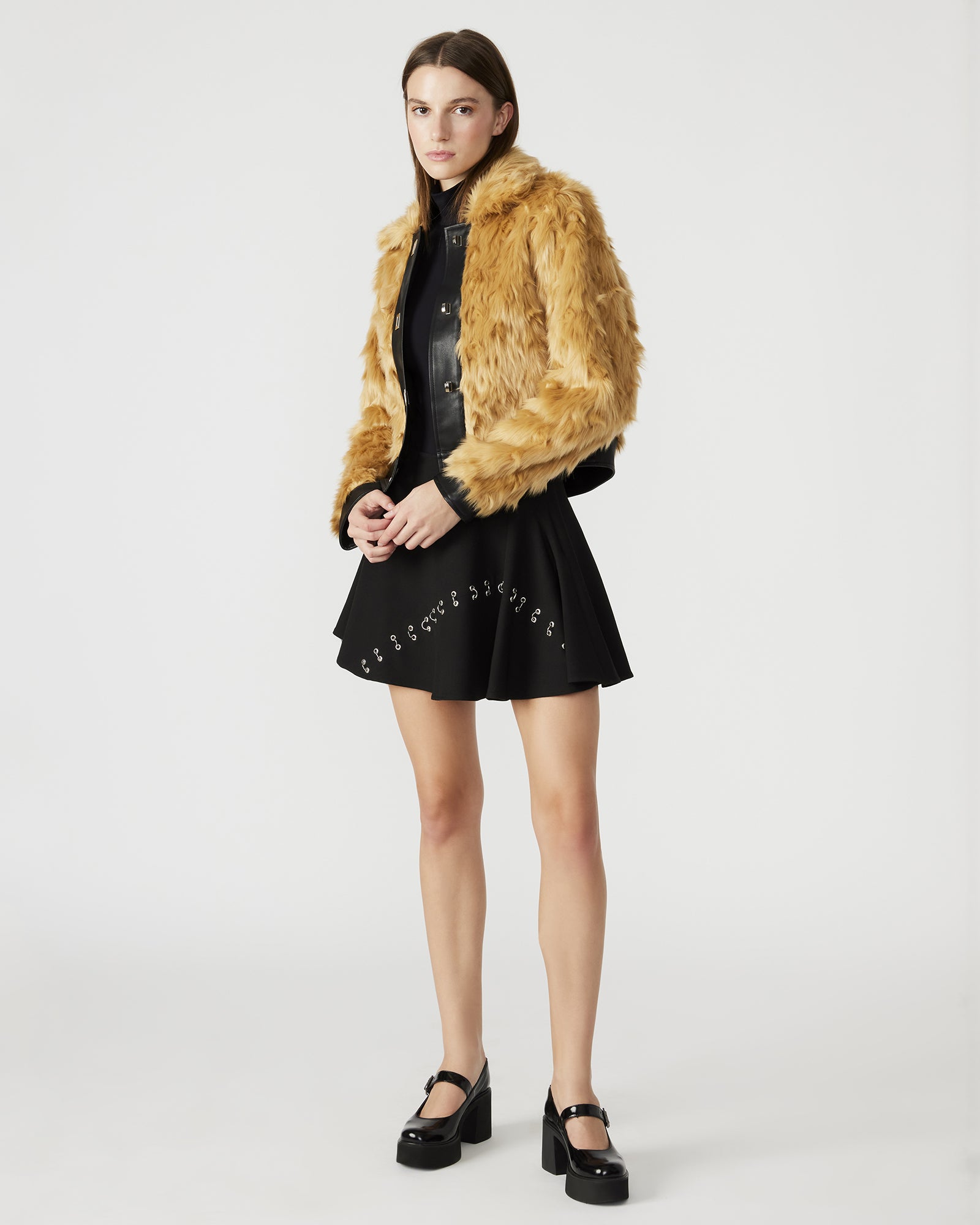 Front view of NIMBA faux fur jacket in khaki, showcasing the collared neckline.
