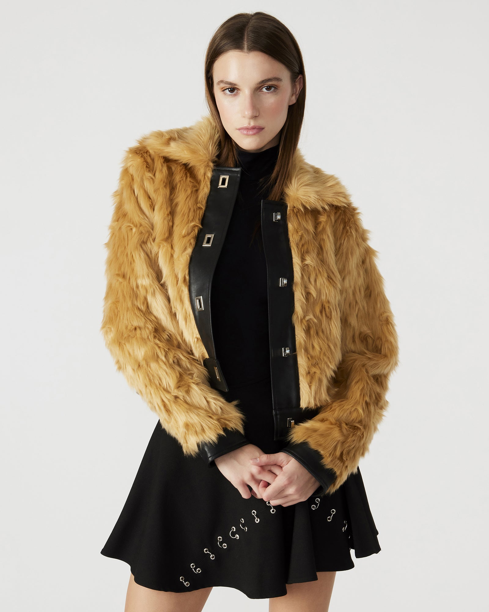 Front view of NIMBA faux fur jacket in khaki, showcasing the collared neckline.