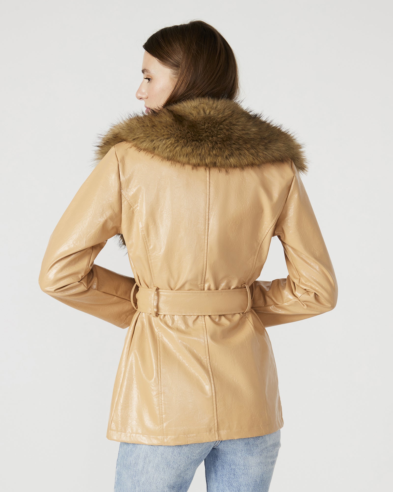 Front view of the tan faux fur leather coat, showcasing its elegant design.