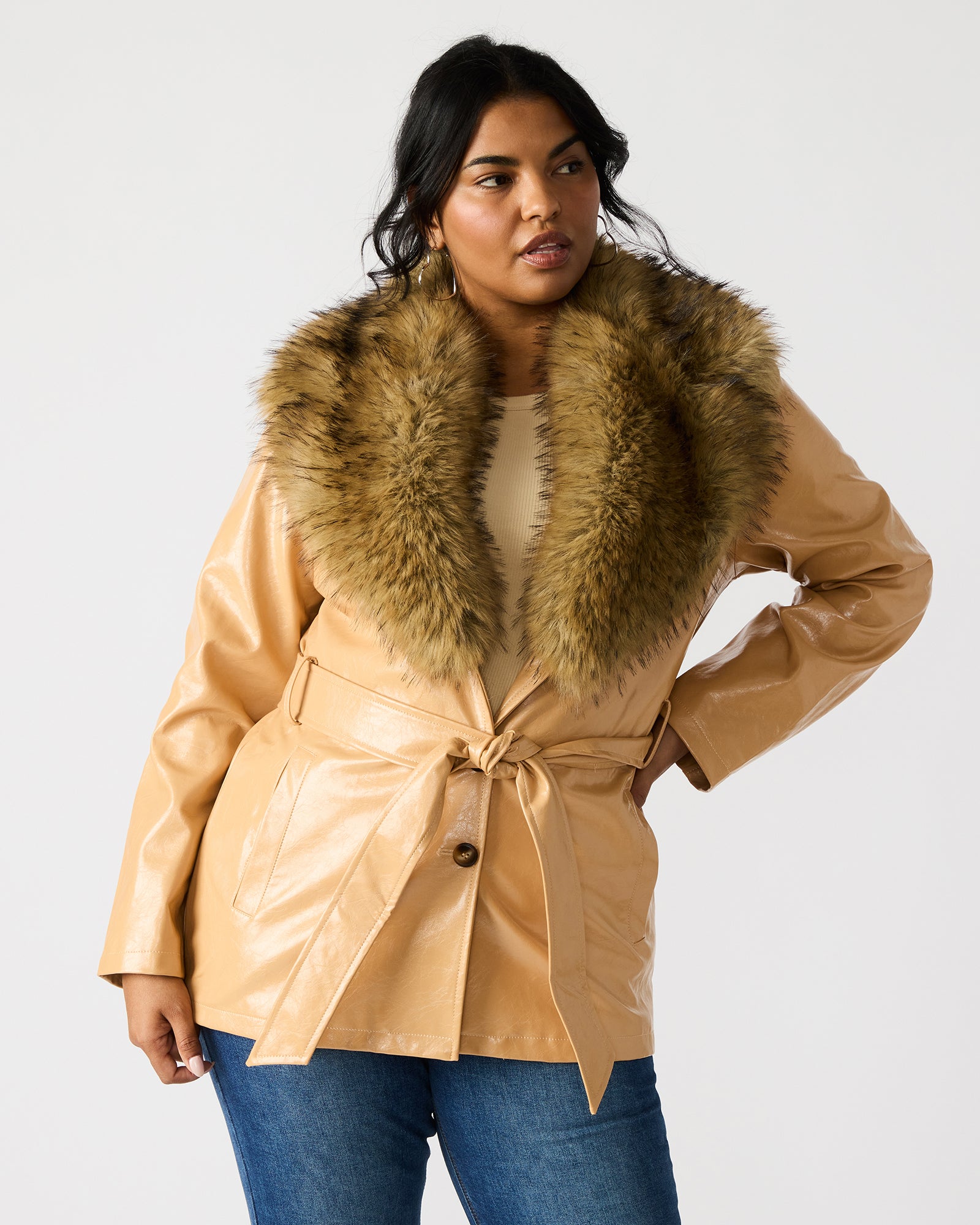 Front view of the tan faux fur leather coat, showcasing its elegant design.