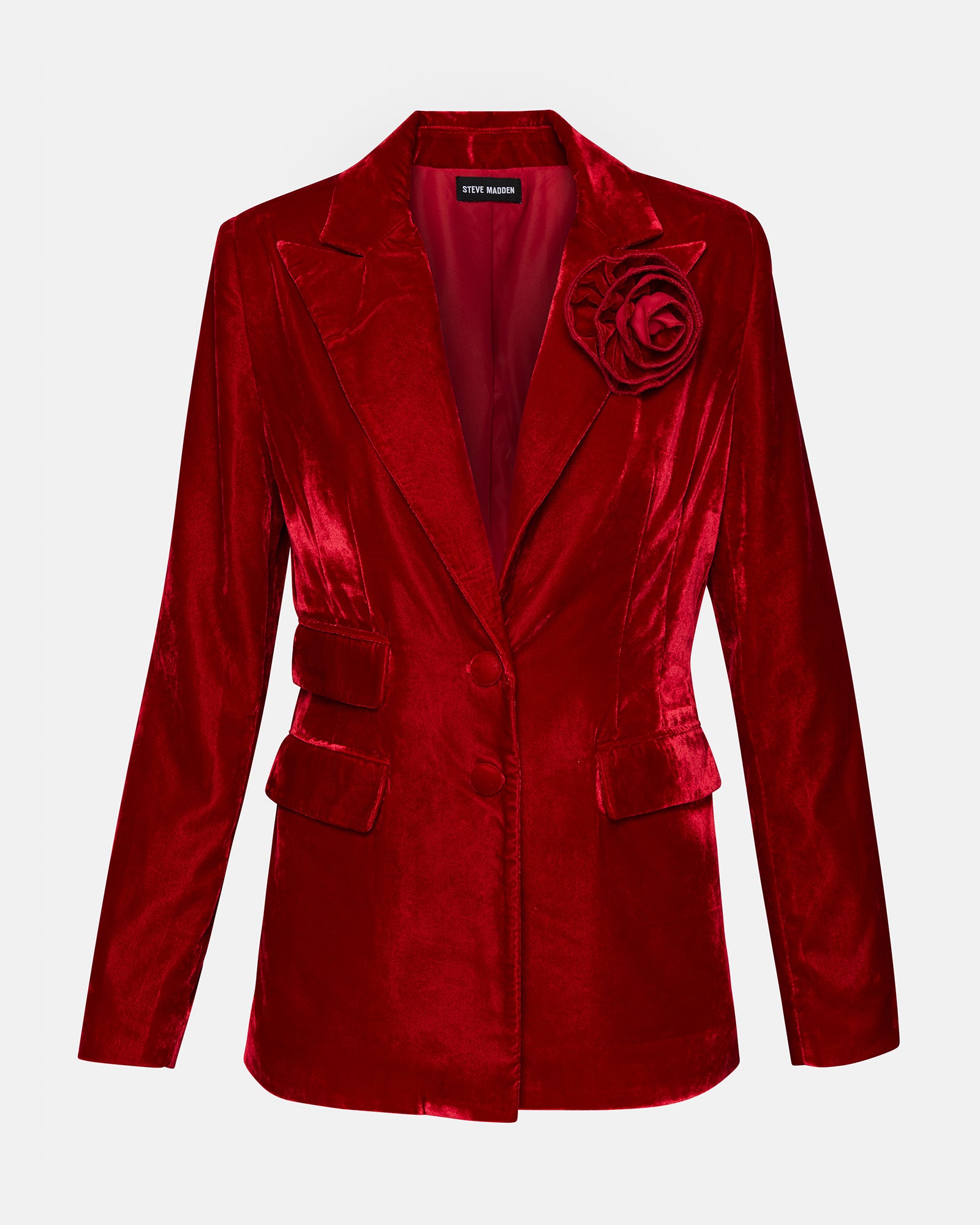 Side view of the long-sleeved red blazer, highlighting the button-up closure.
