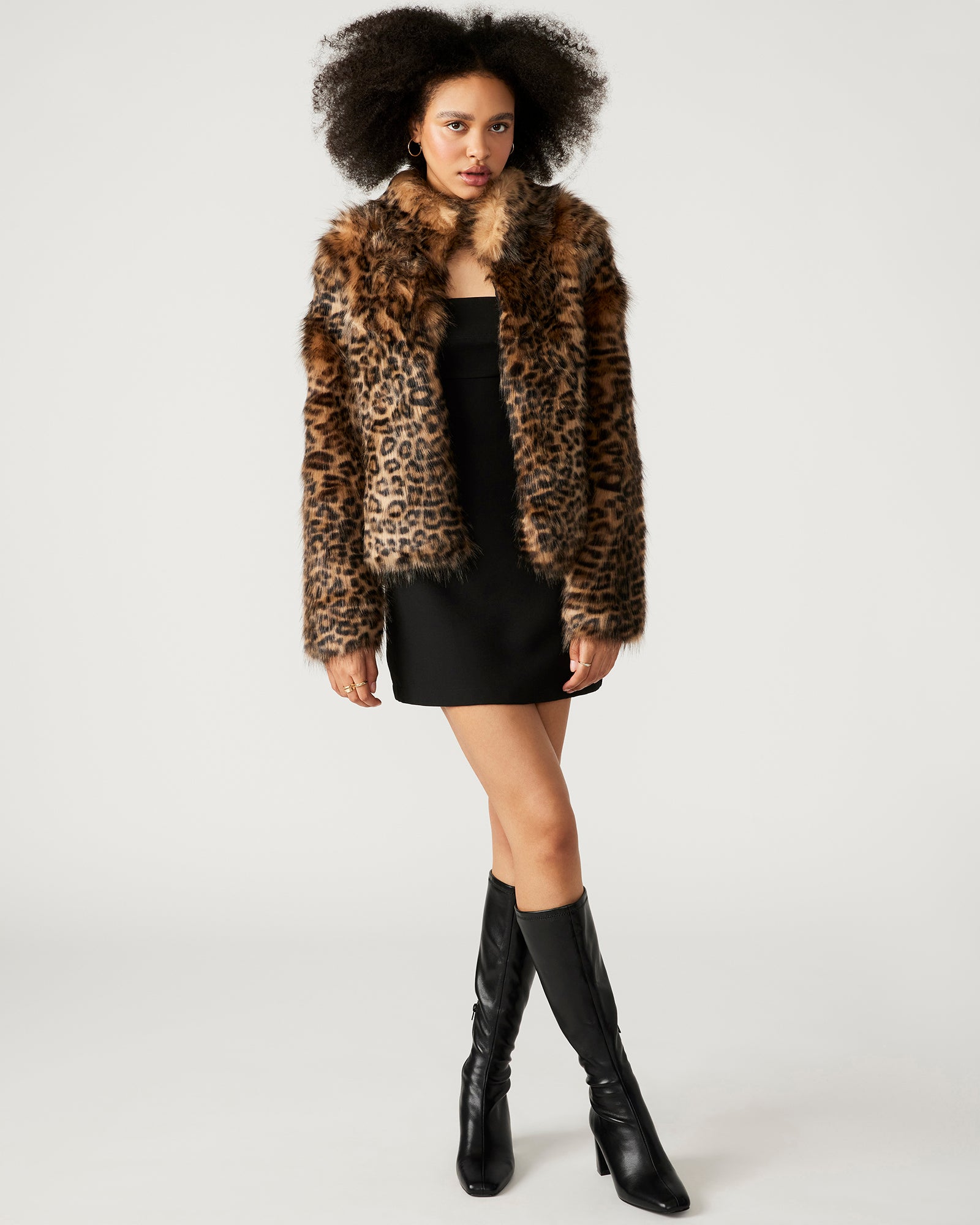 Close-up of leopard print faux fur fabric on womens coat