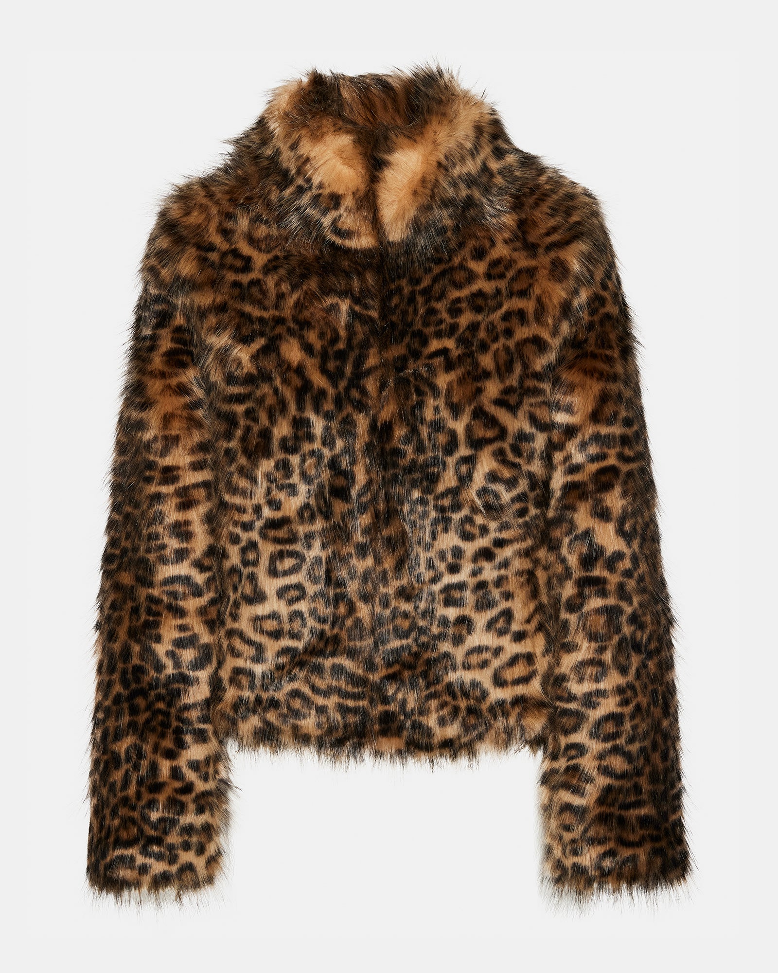 Side view of womens faux fur coat with collar and pockets