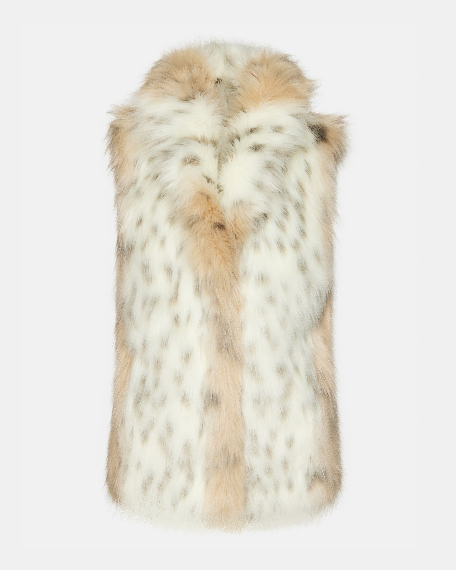 Closeup of ladies faux fur vest with snow leopard texture and soft collar