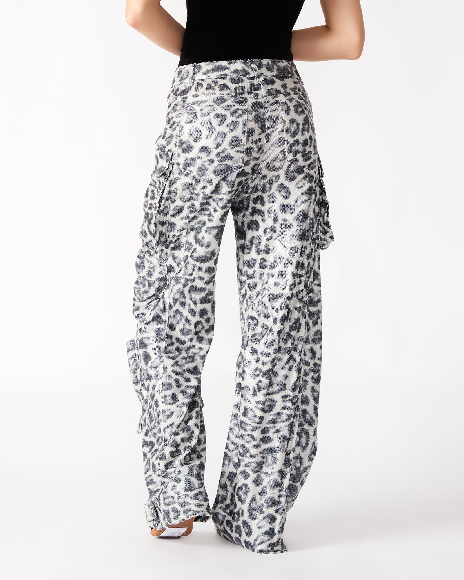 Side angle of wide leg cargo pants with sequins, perfect for casual outings.