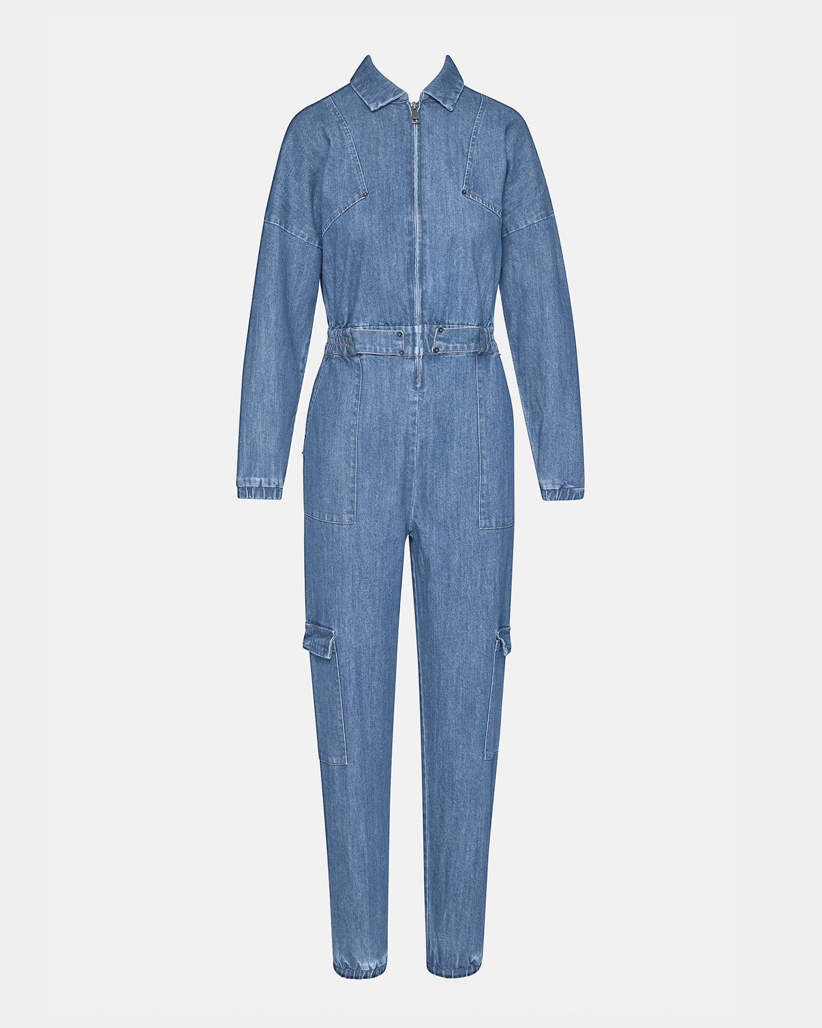 Side view of the black denim jumpsuit highlighting functional pockets.