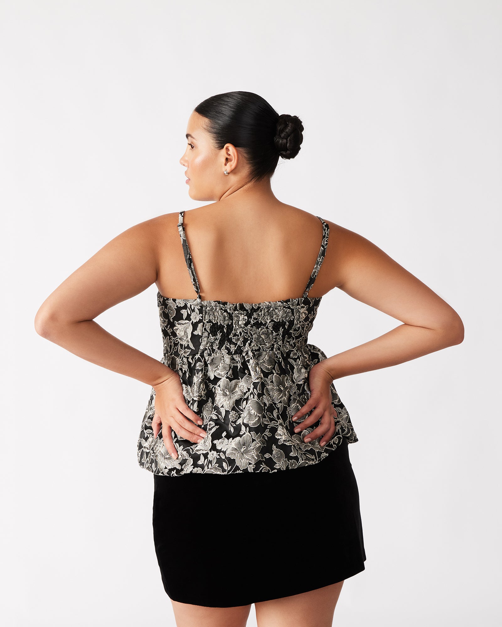 Model wearing the square neckline long sleeve top, perfect for casual outings.