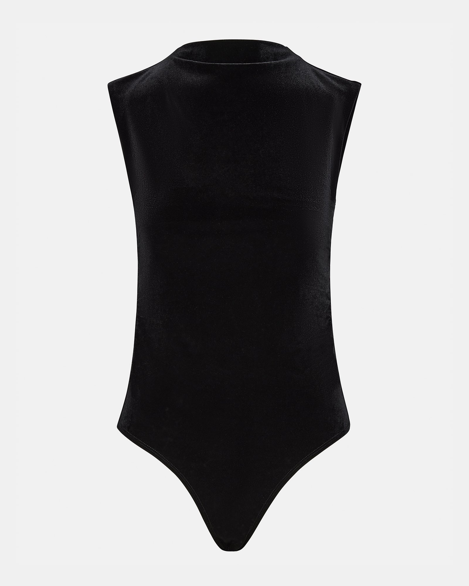 Close-up of the black velvet bodysuit showcasing the mock neck design.