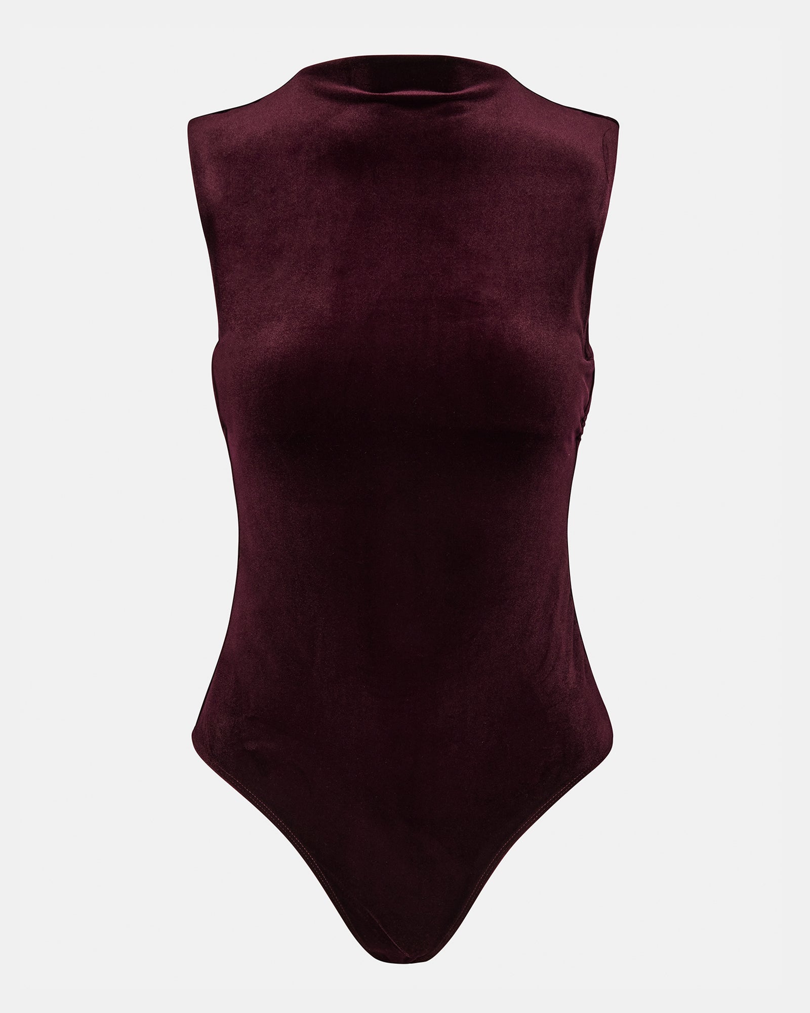 Back view showcasing the zipper closure of the velvet bodysuit.