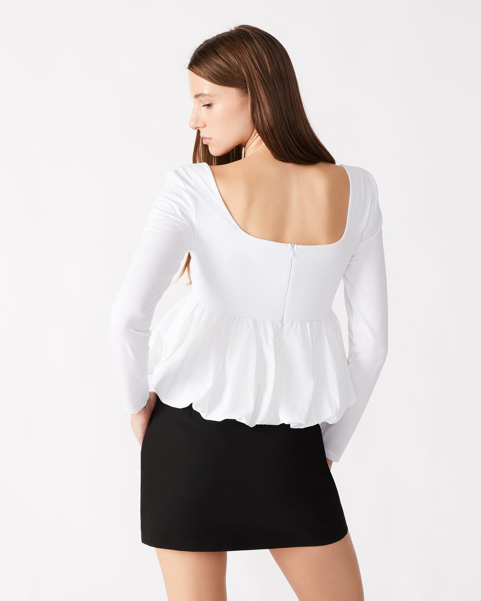 Front view of the elegant lace long sleeve top with back zip closure