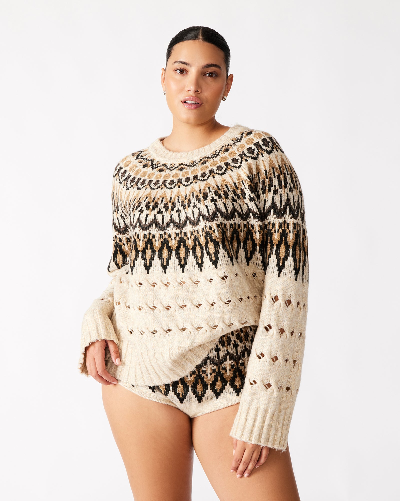 Front view of the Suzette women's fair isle sweater set, showcasing its intricate pattern.