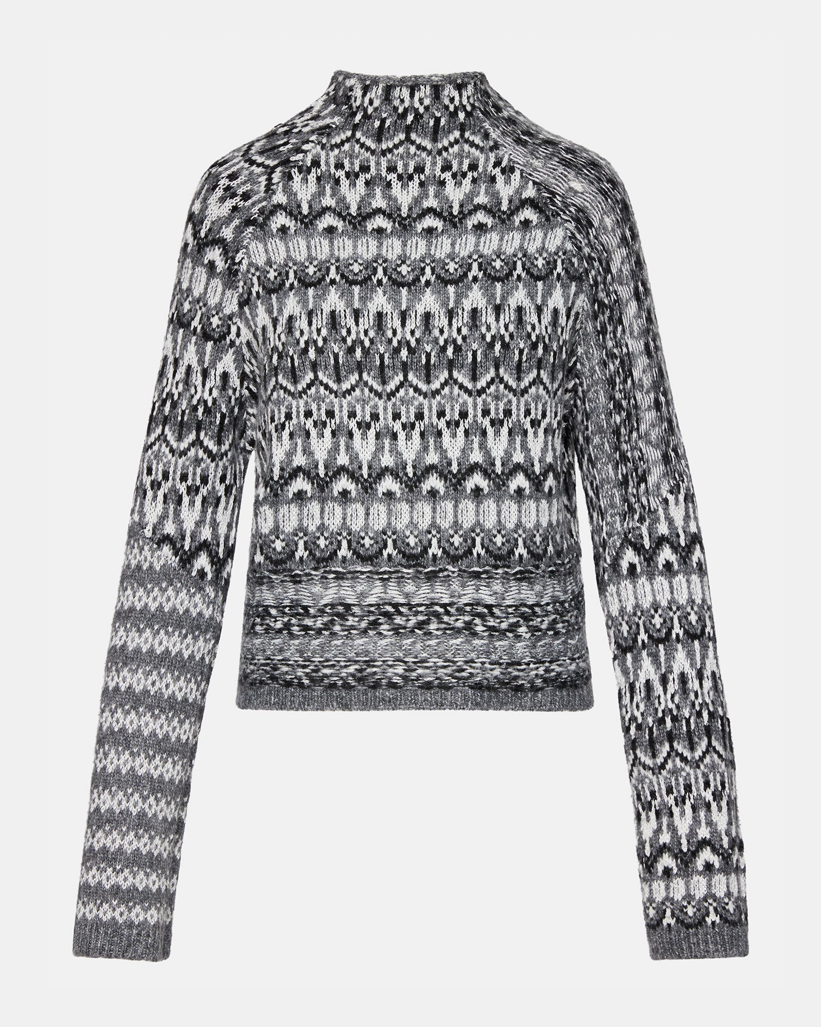 Close-up of the turtleneck detail on the charcoal sweater, perfect for cold days