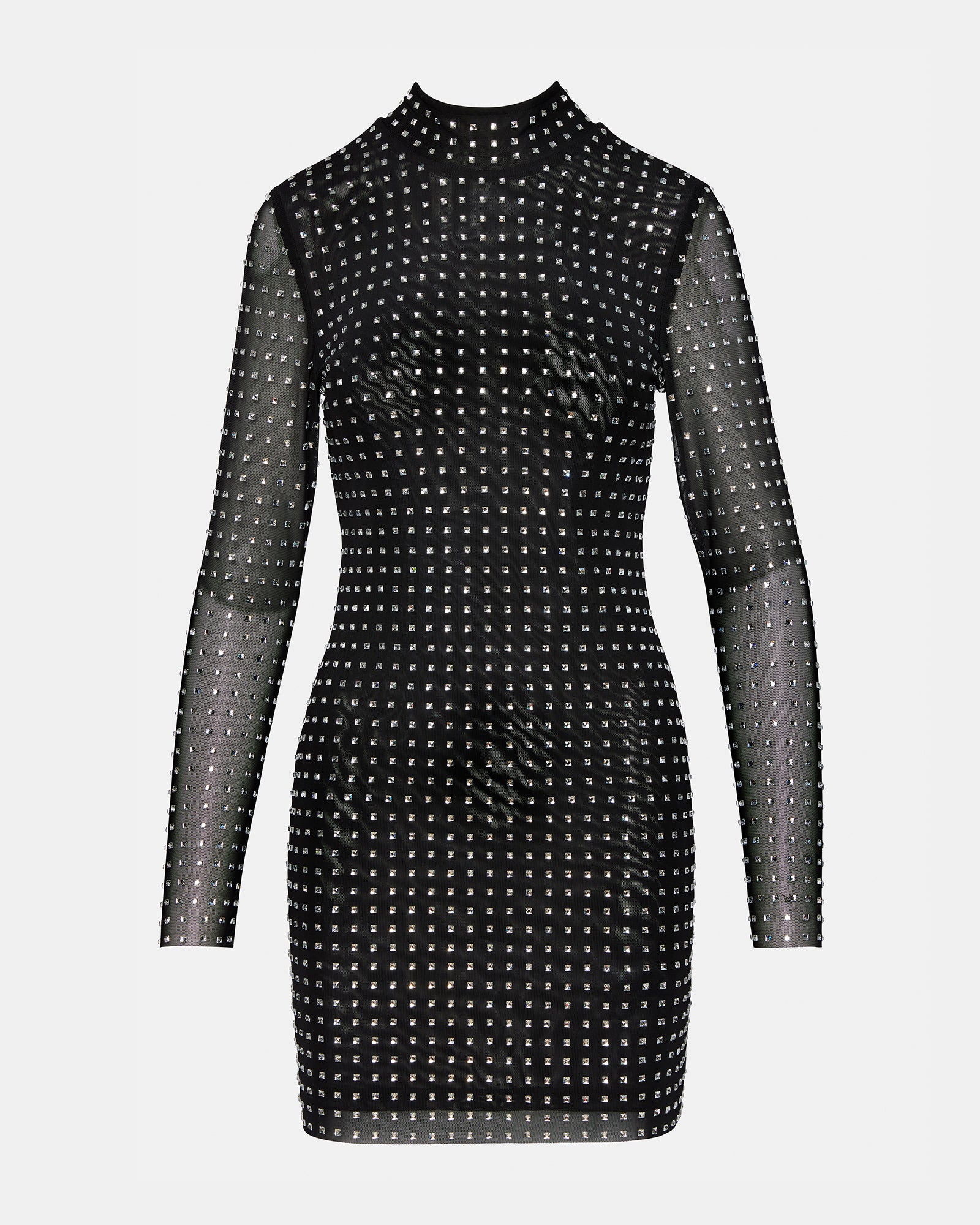 Side view of Krista black cocktail dress highlighting the mock neck.
