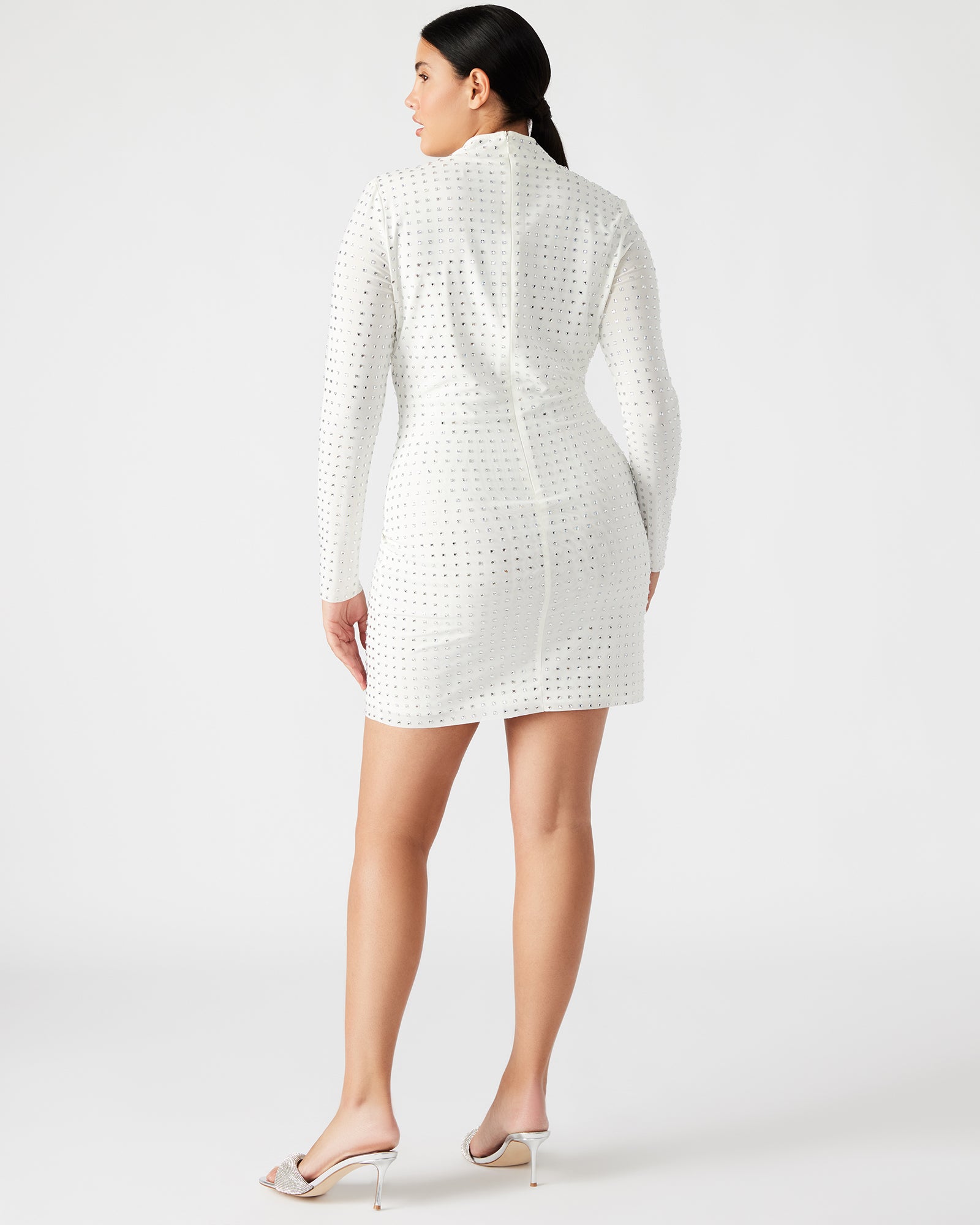 Front view of Krista white mini dress showing rhinestone embellishments