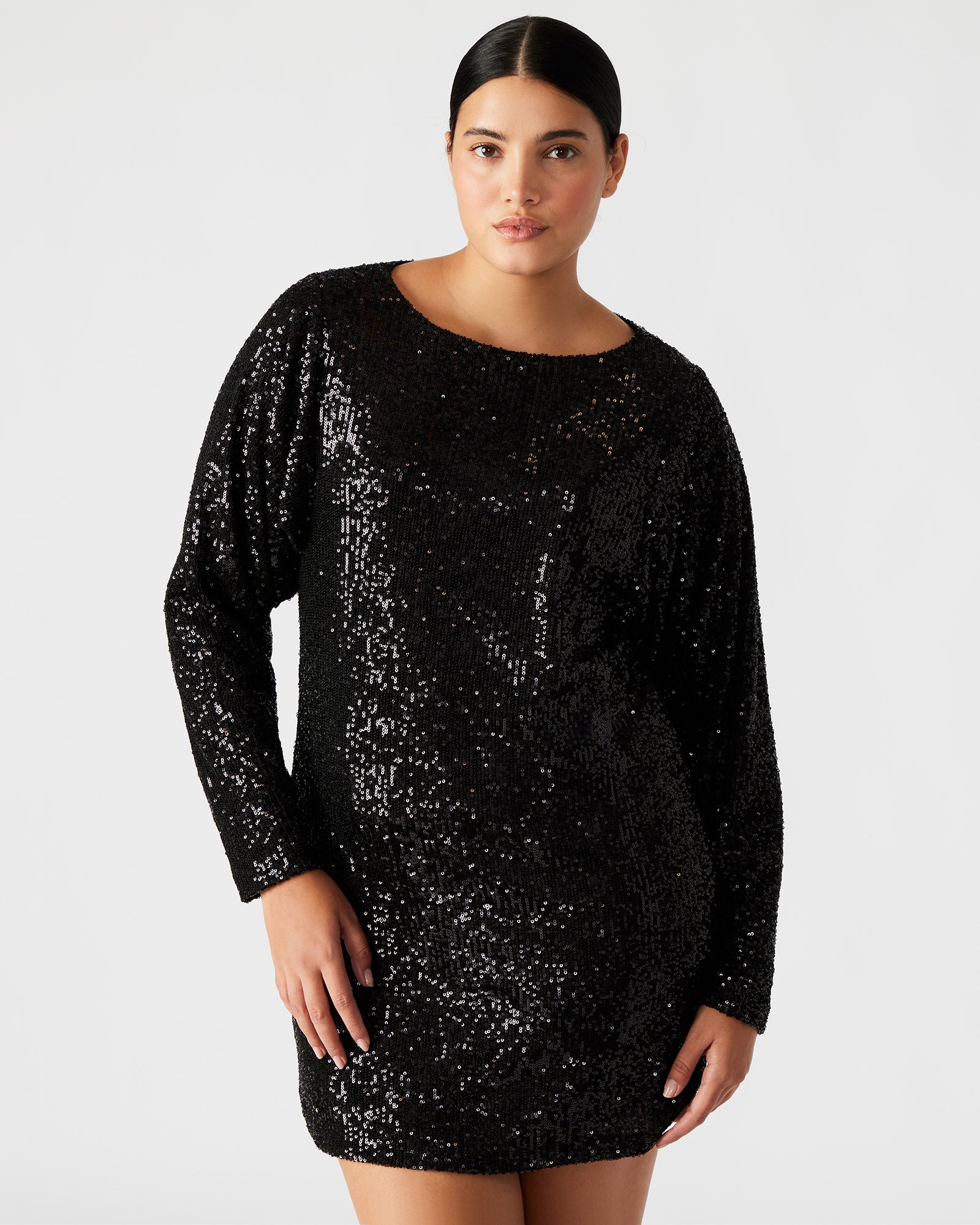 Front view of the flowy black mini dress with sequin embellishments