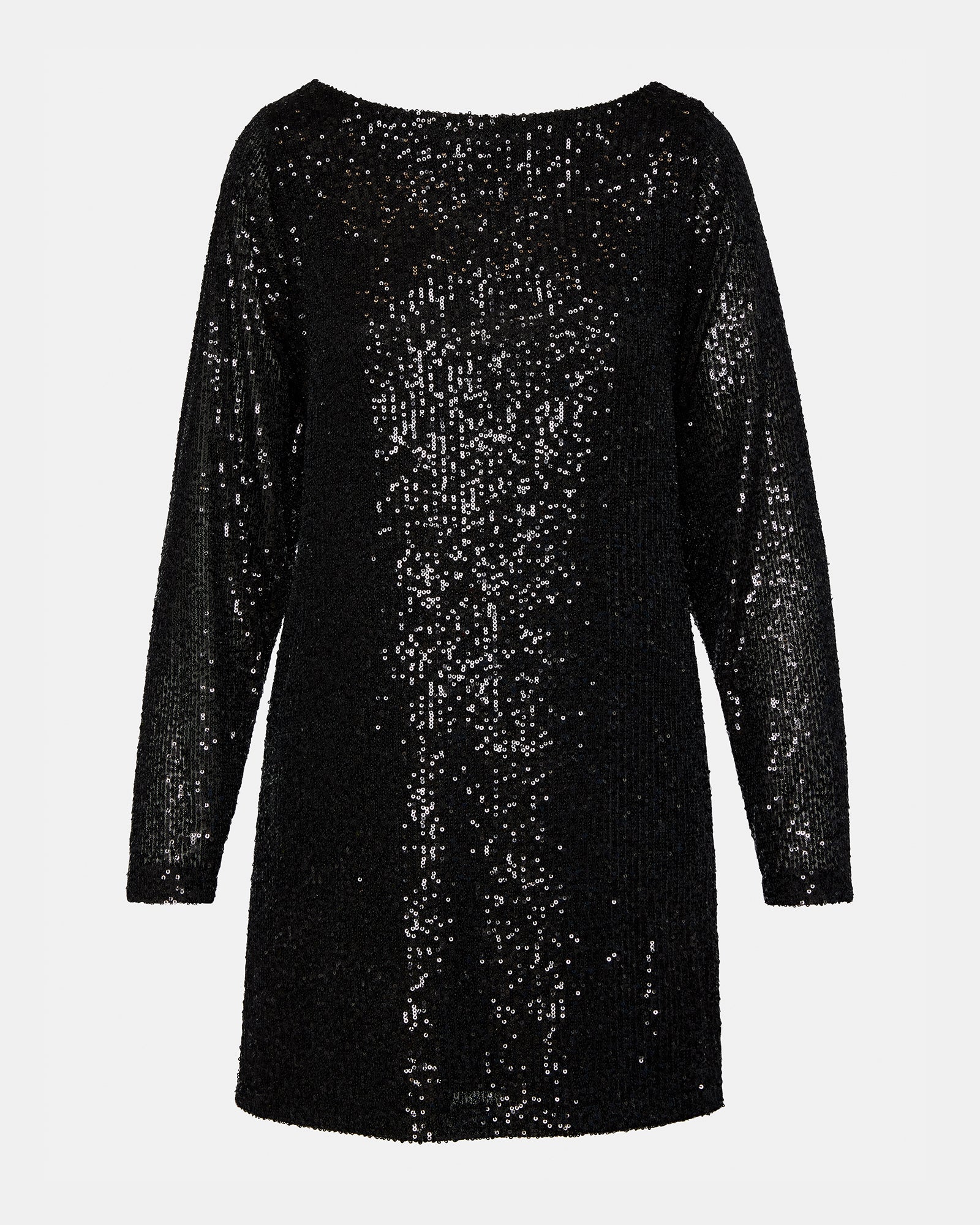 Front view of the flowy black mini dress with sequin embellishments