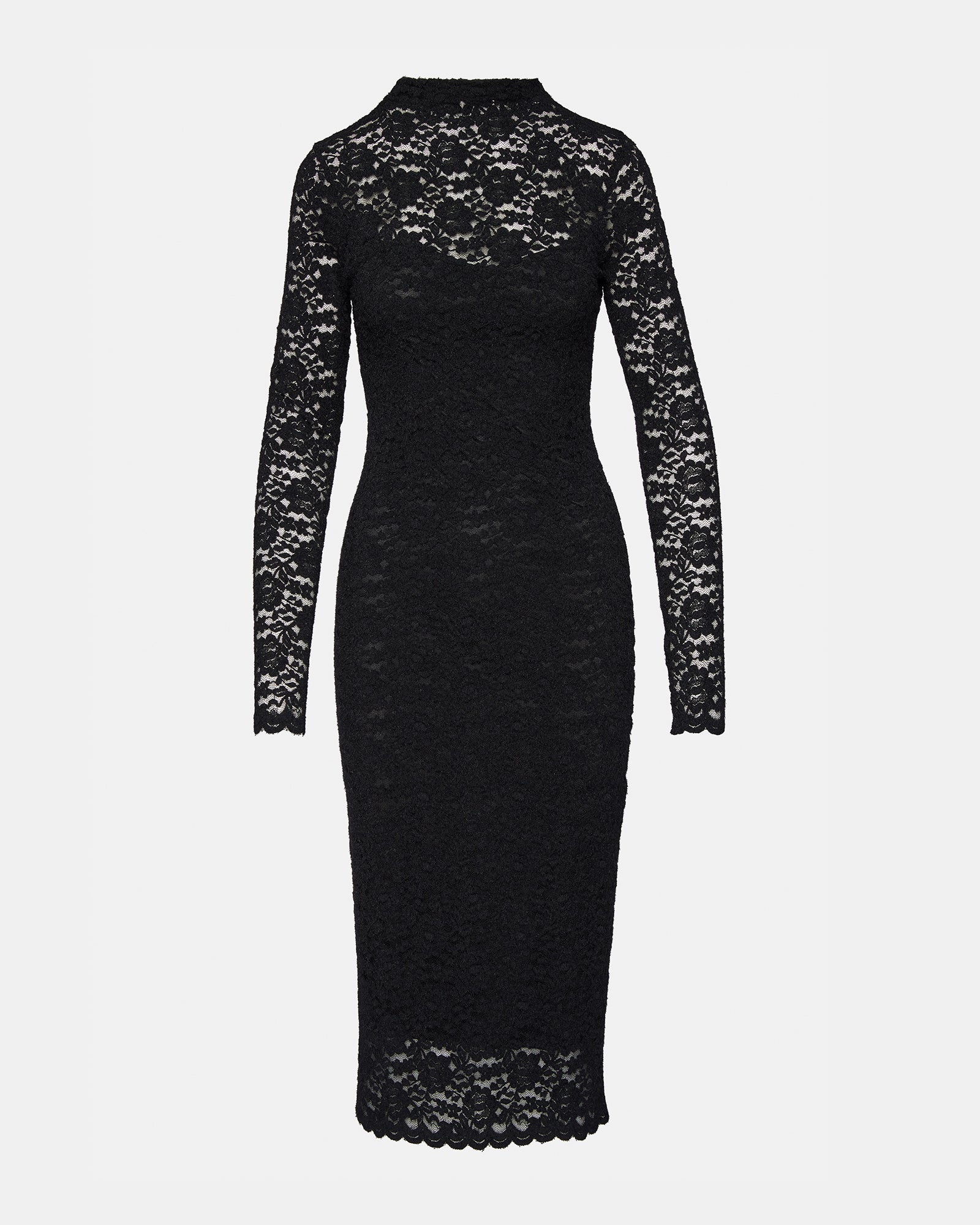 Front view of black mini dress with sheer mesh sleeves styled for an evening event