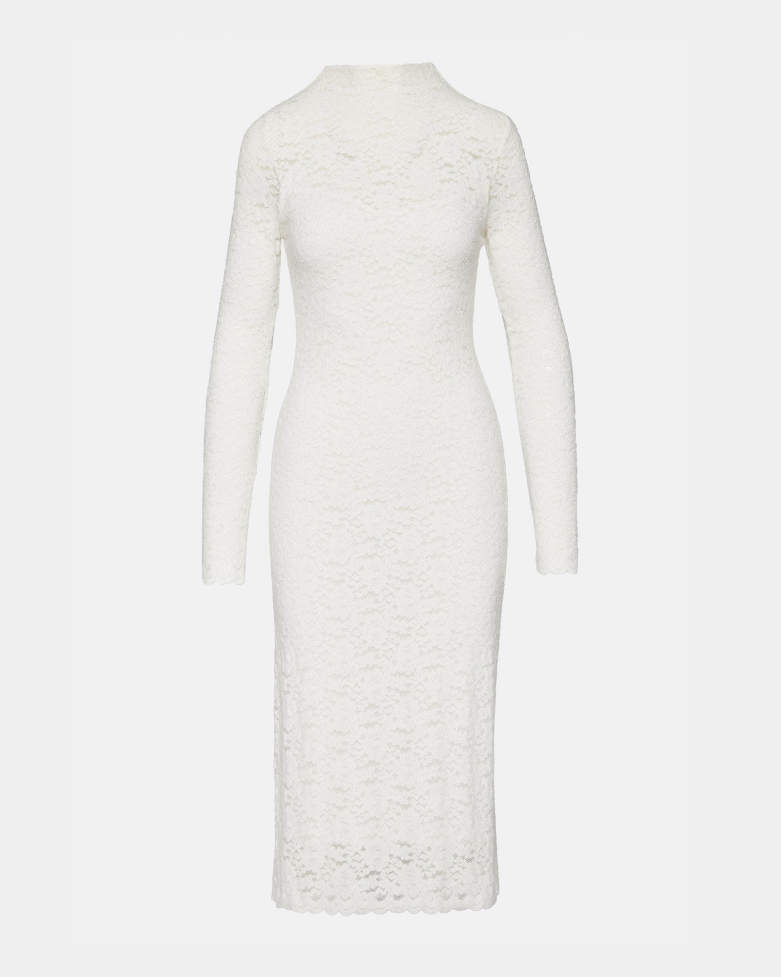 Close-up of the lace detailing on the mock neck and sheer sleeves of the ivory dress.