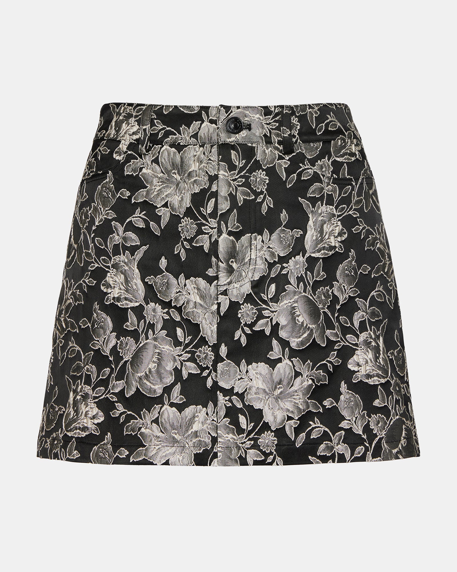 Model wearing a stylish floral mini skirt in a casual setting.