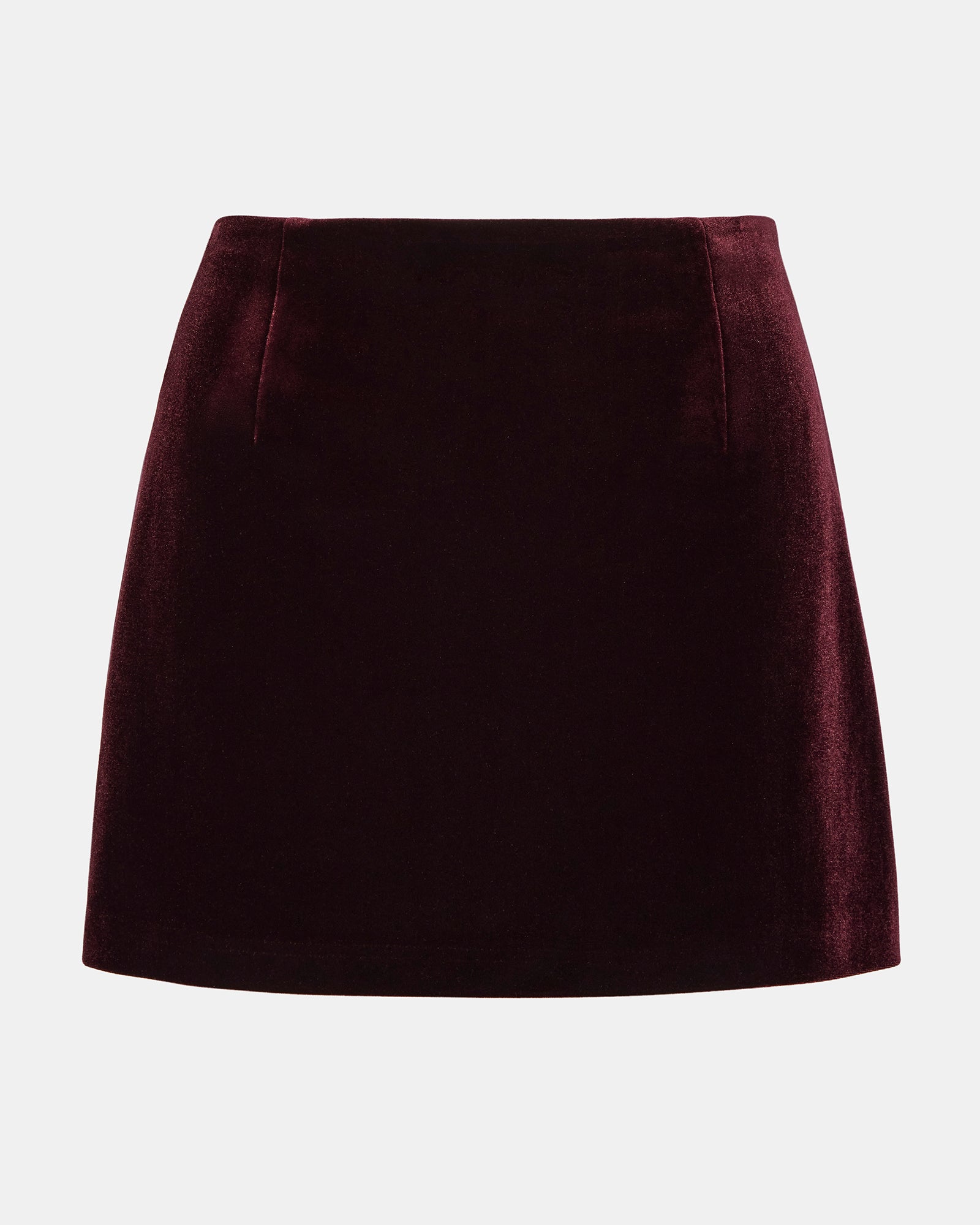 Close-up of the wine velvet skort highlighting the texture and zipper detail.