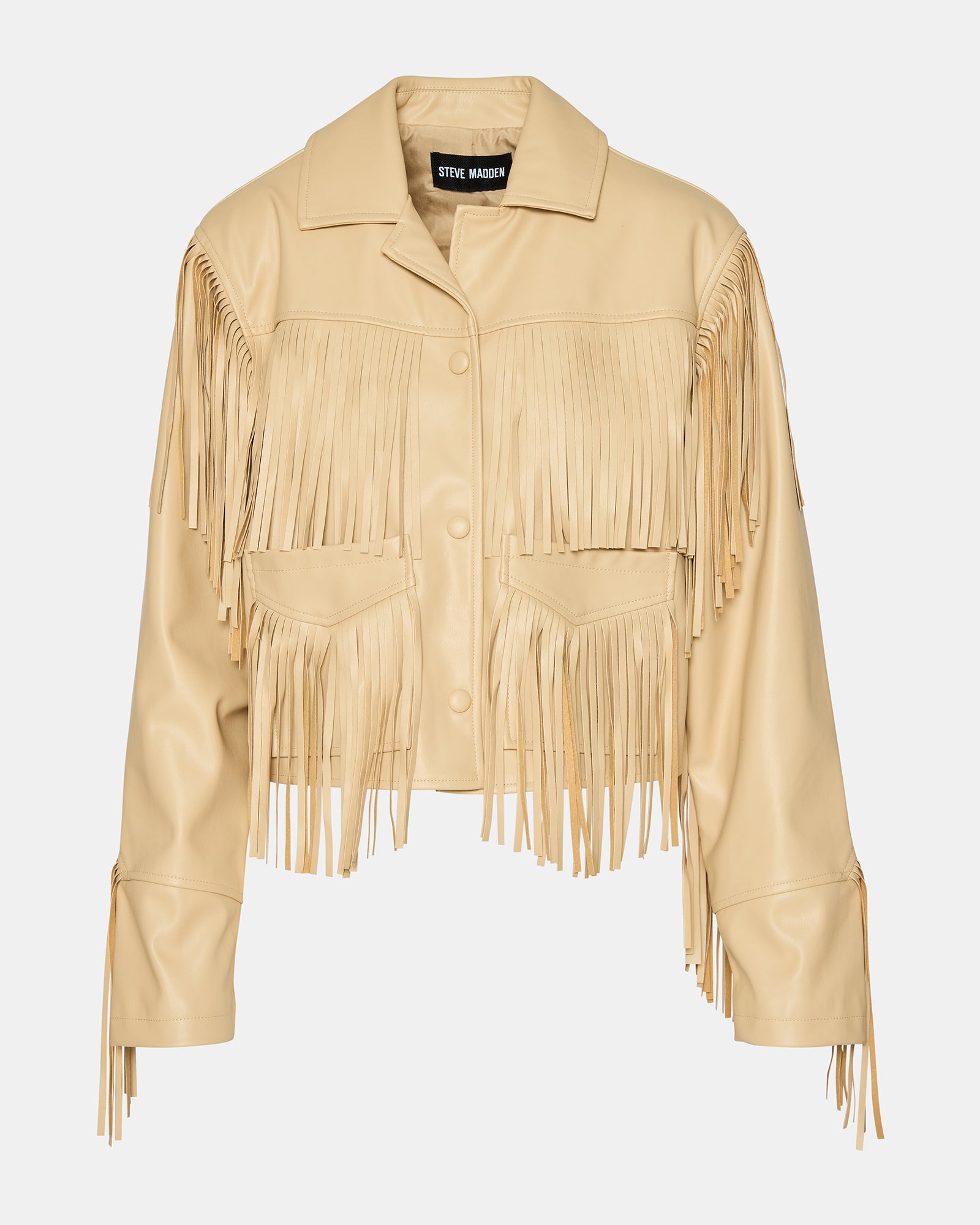 Front view of tan Western style jacket with fringe, worn by model against desert backdrop.