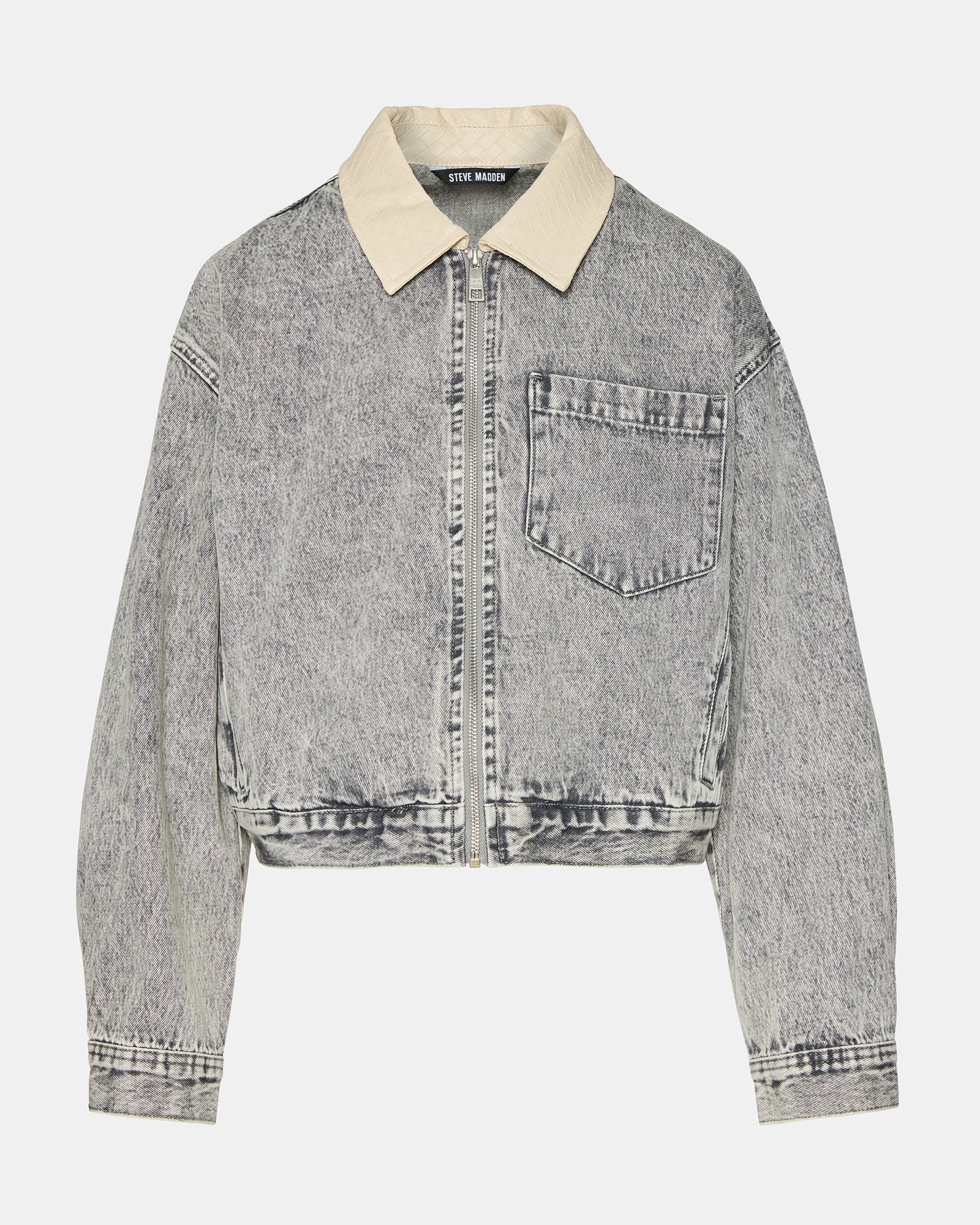 Close-up of the front zipper closure of the light grey denim jacket.