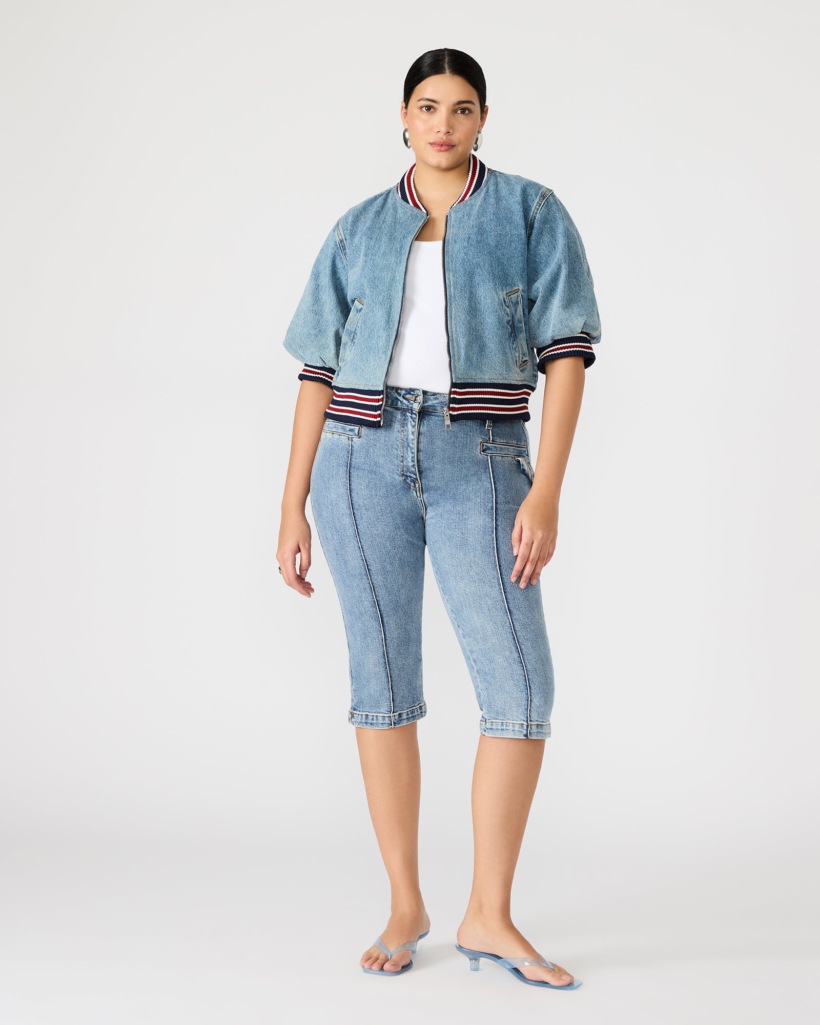 Lifestyle shot of oversized denim jacket styled for weekend brunch