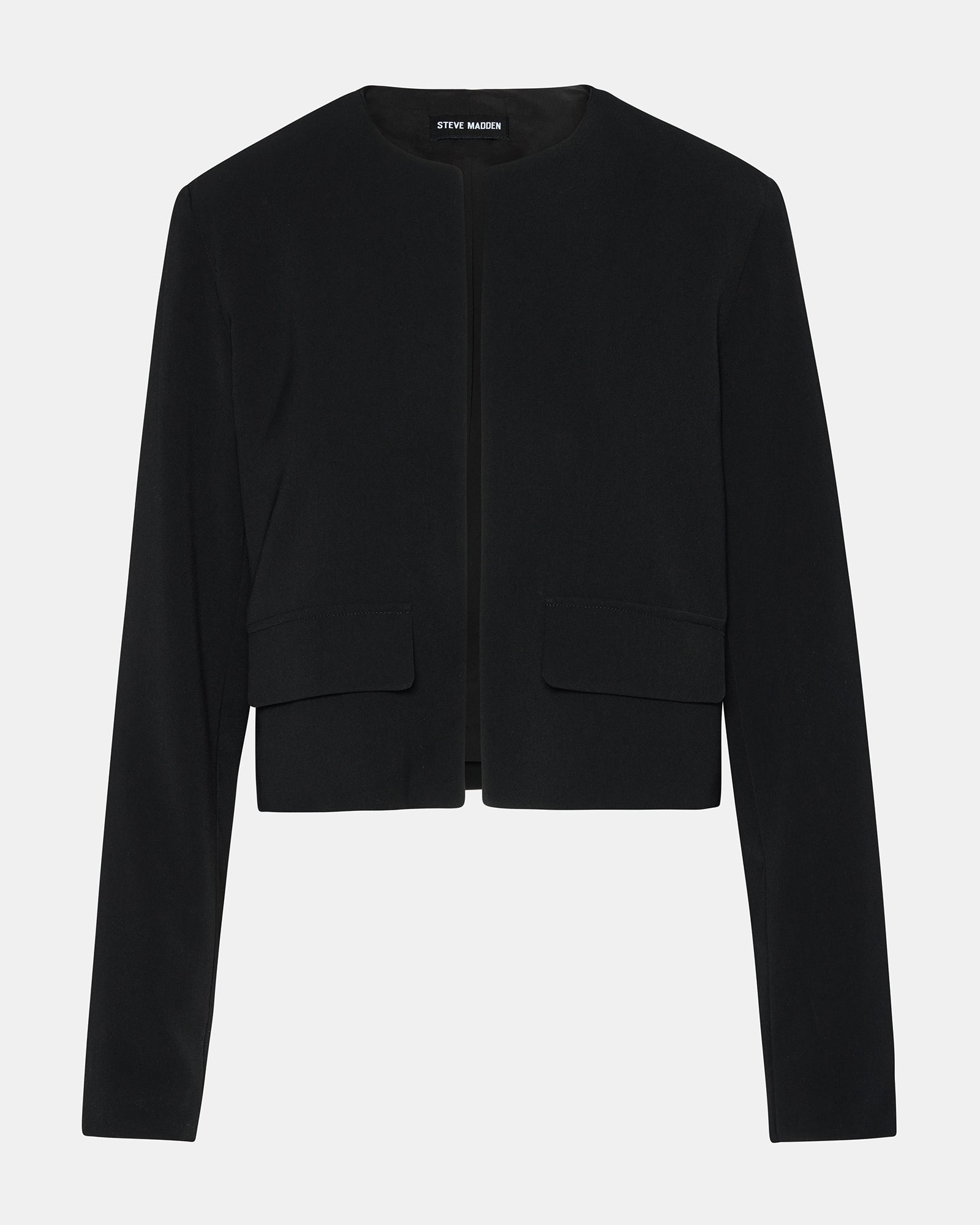 Close-up of the open-front detail and pockets of the black blazer.