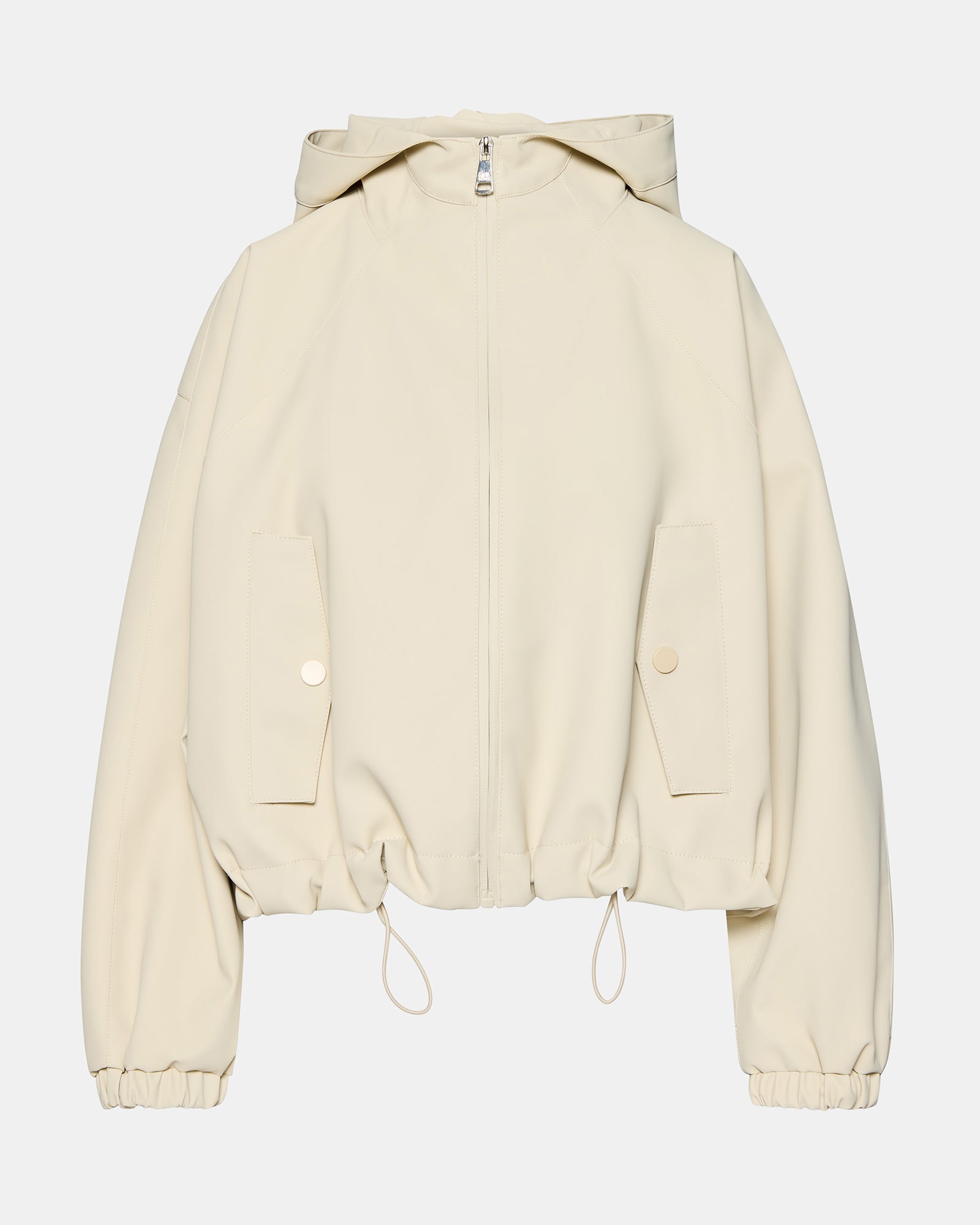 Back view of hooded jacket highlighting sleek faux leather finish