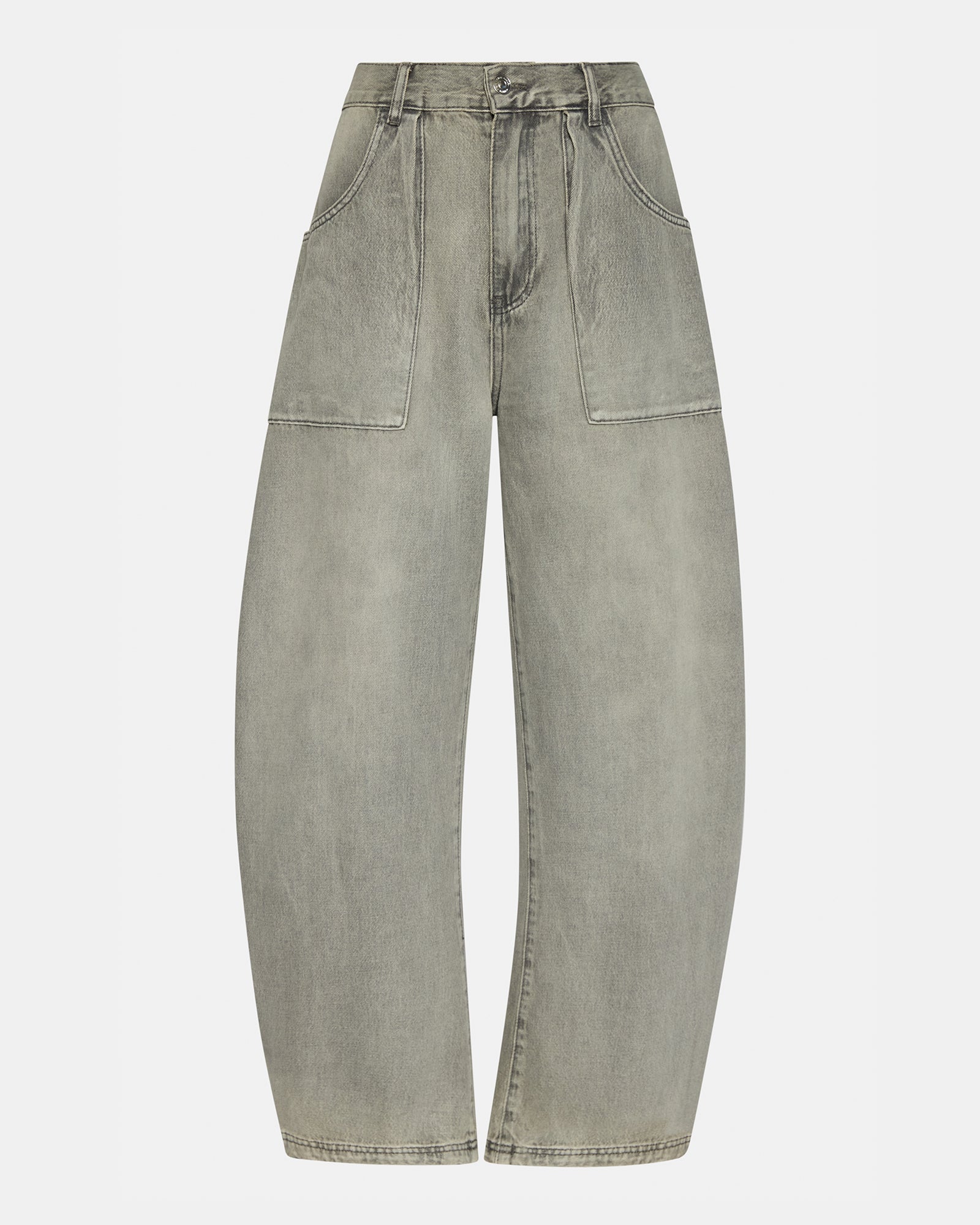 Side view of cotton barrel pants, emphasizing the functional pockets.