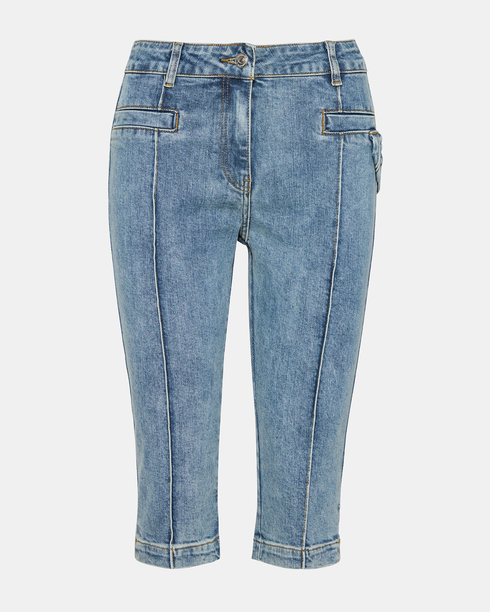 Back view of Delray Womens Skinny Denim Capri Pants showcasing functional pockets.