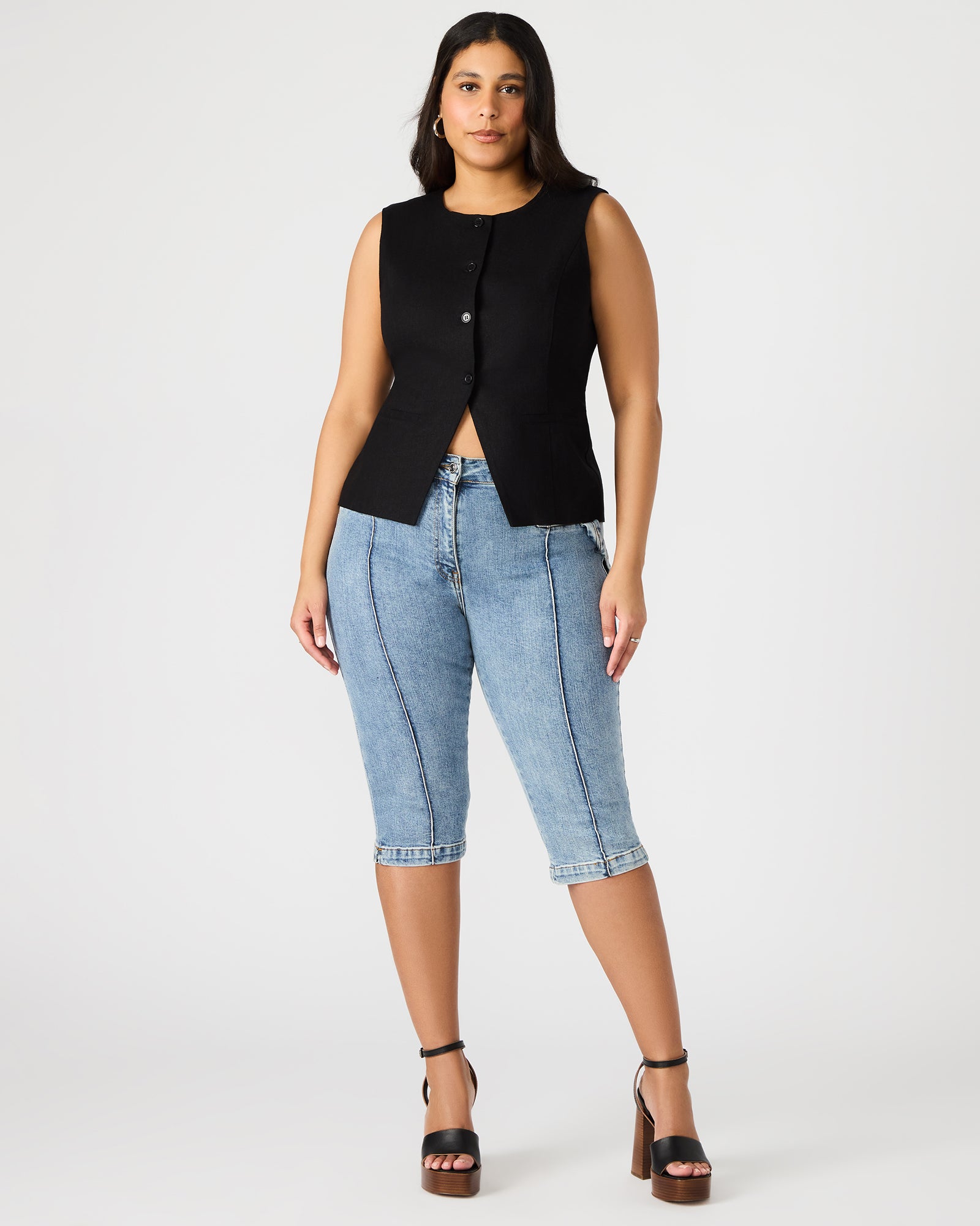 Back view of Delray Womens Skinny Denim Capri Pants showcasing functional pockets.