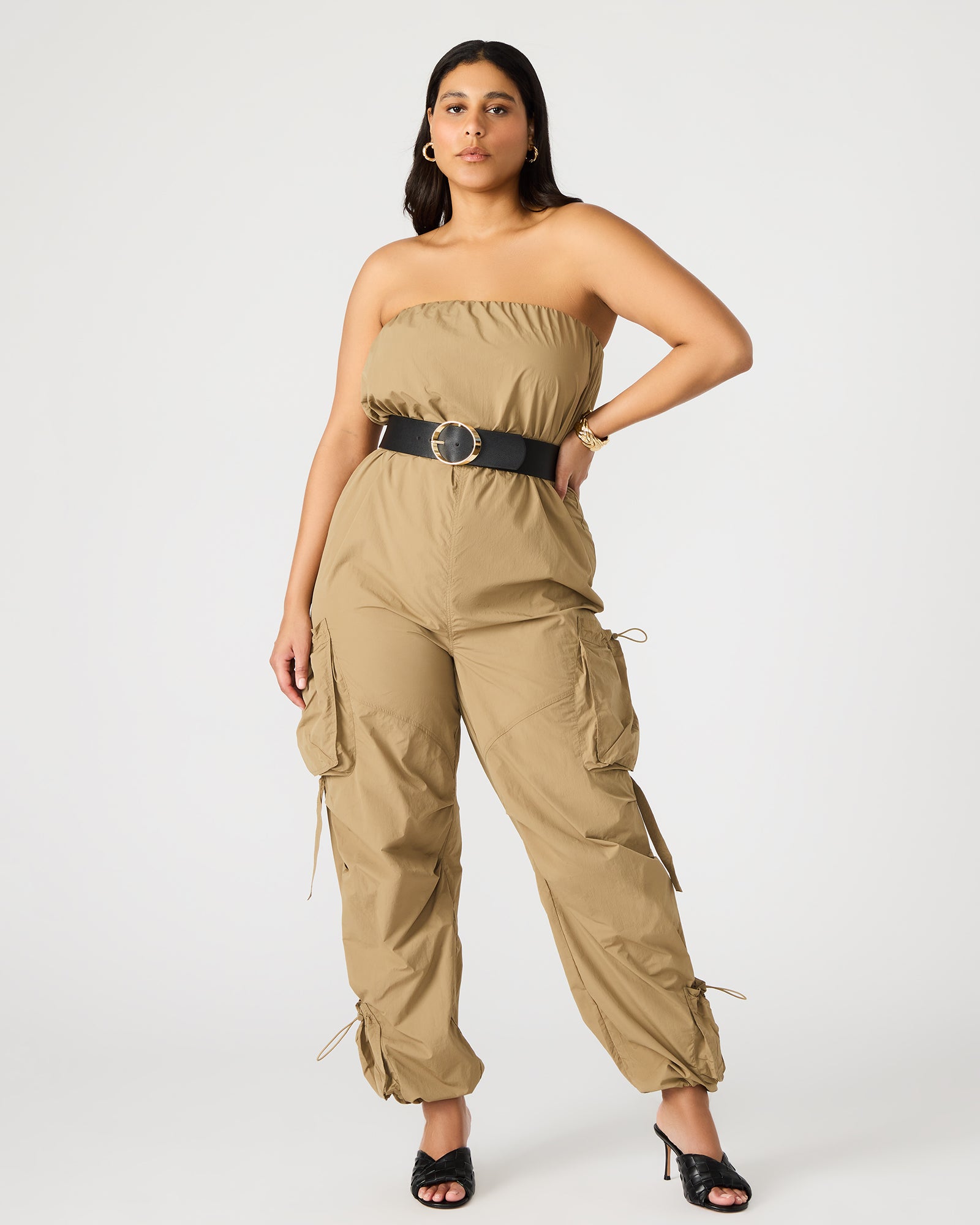 Back view of the strapless wide leg jumpsuit on a mannequin