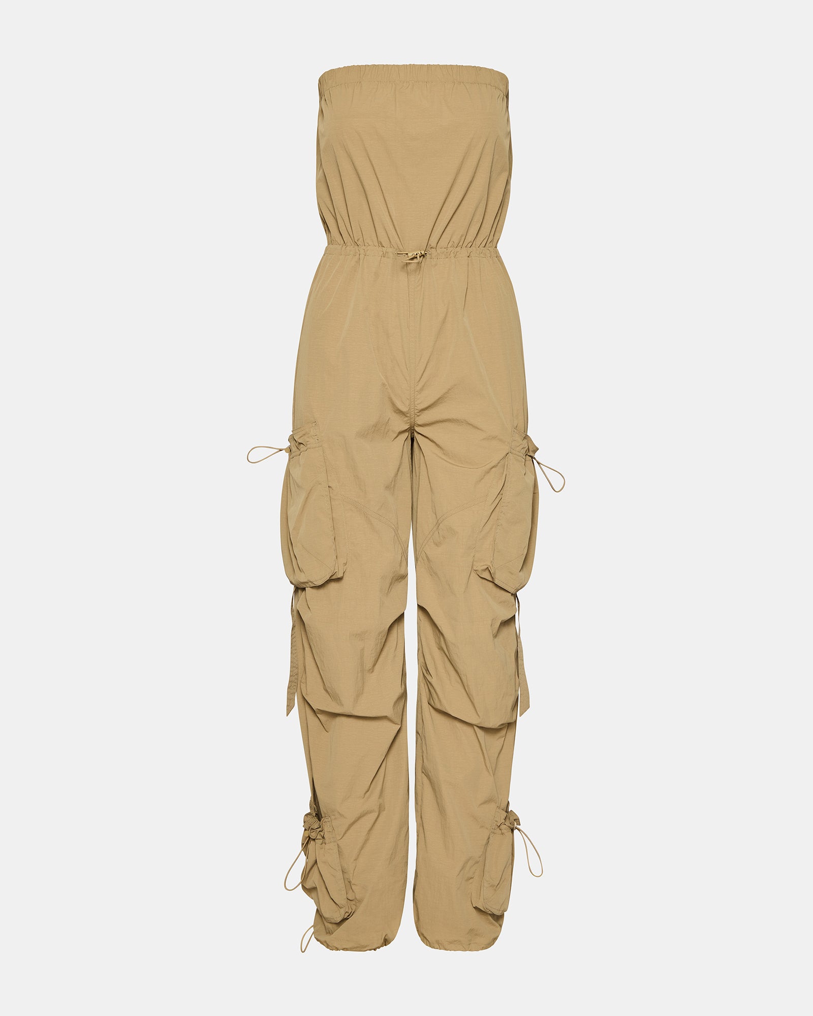 Flat lay of the black strapless jumpsuit with accessories