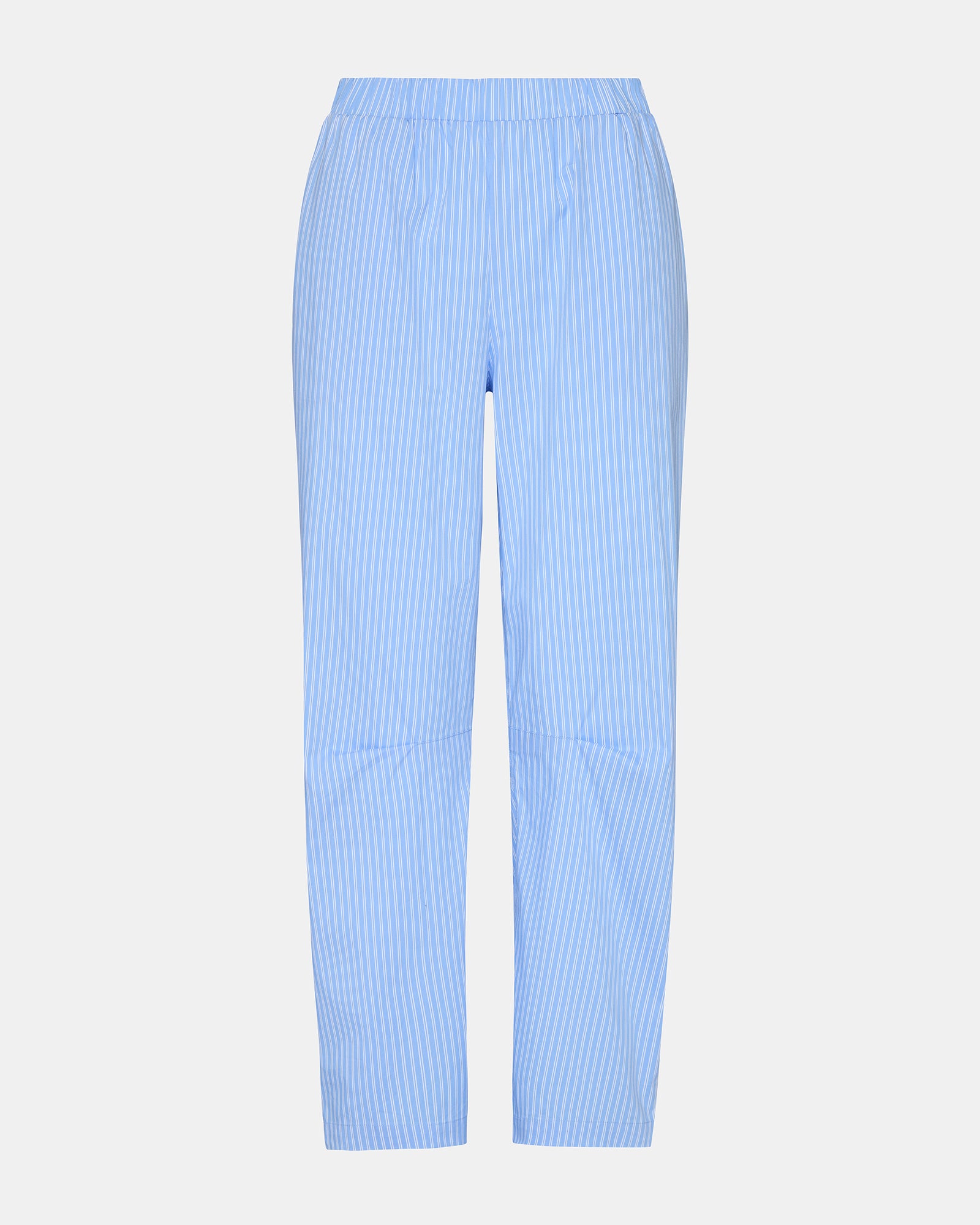 Close-up of pinstripe pant detail in blue and white
