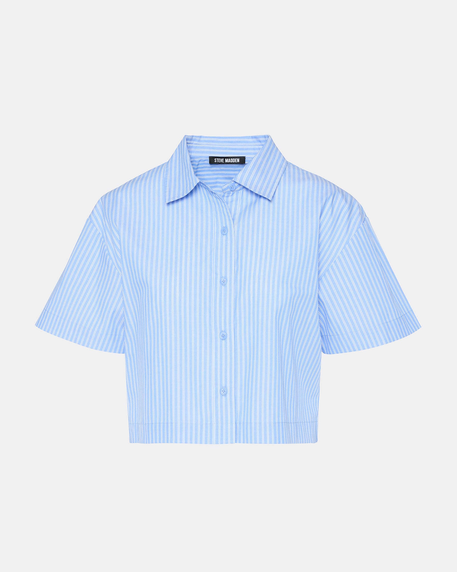 Close-up of the collared neckline and button-up detail