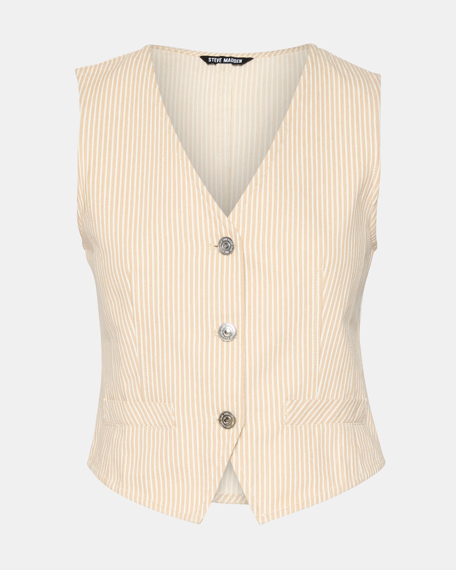 Front view of the denim vest with button closure, ideal for layering outfits