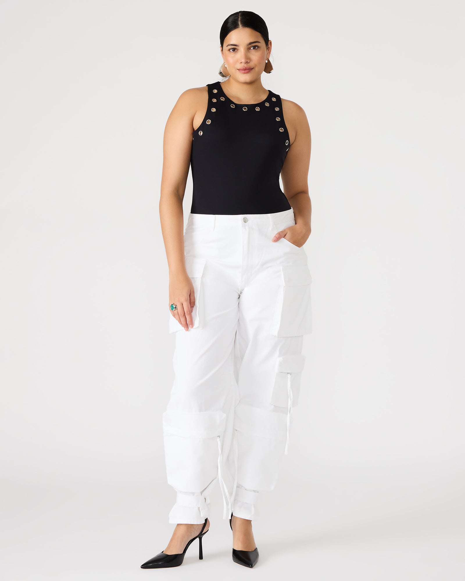 Back view showing sleek lines and stretch fabric.