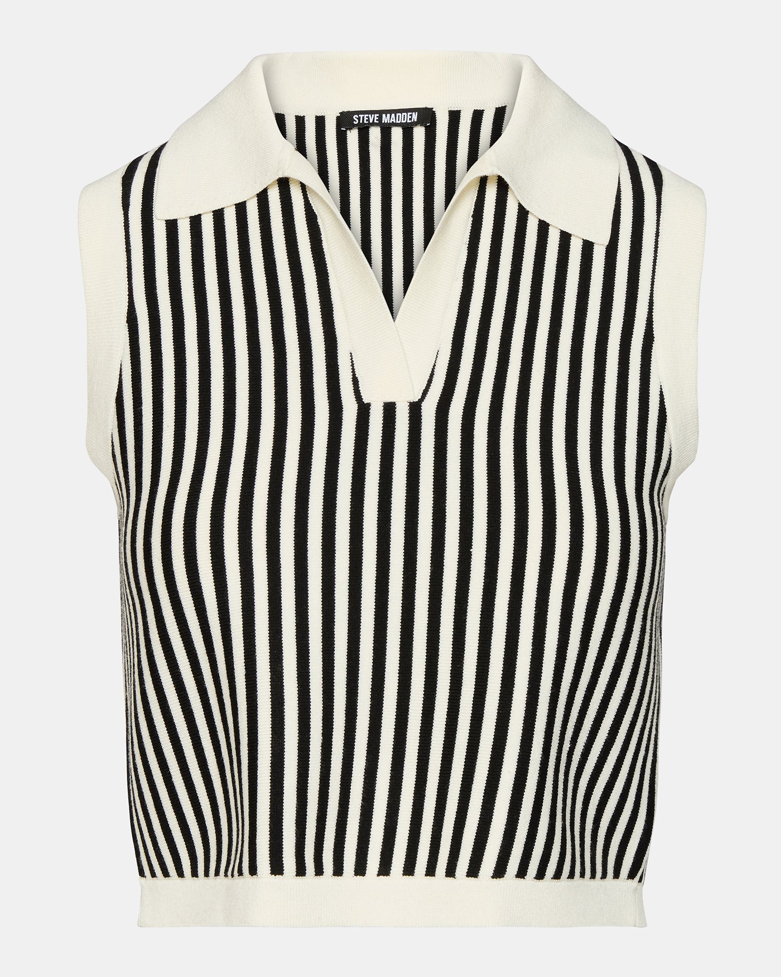 Side angle of the black sweater vest showing the collared neckline and stripe pattern