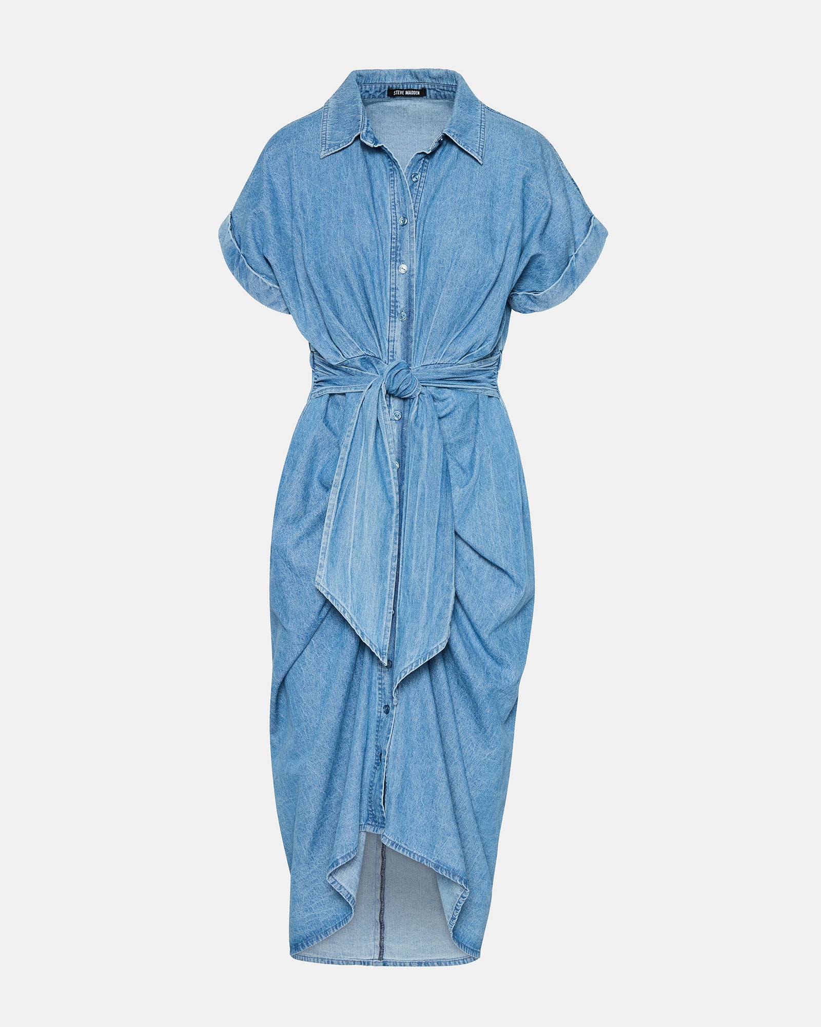 Back angle of tie-front dress showing adjustable fit and high-low hem